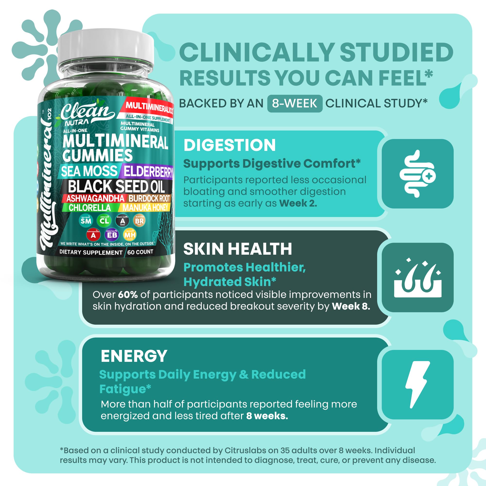 Sea Moss Gummies | Clinically Tested - Black Seed Oil Ashwagandha Elderberry Burdock Root Chlorella Manuka Honey - Vegan Irish Sea Moss Gummy Vitamins - TrustMedUSA