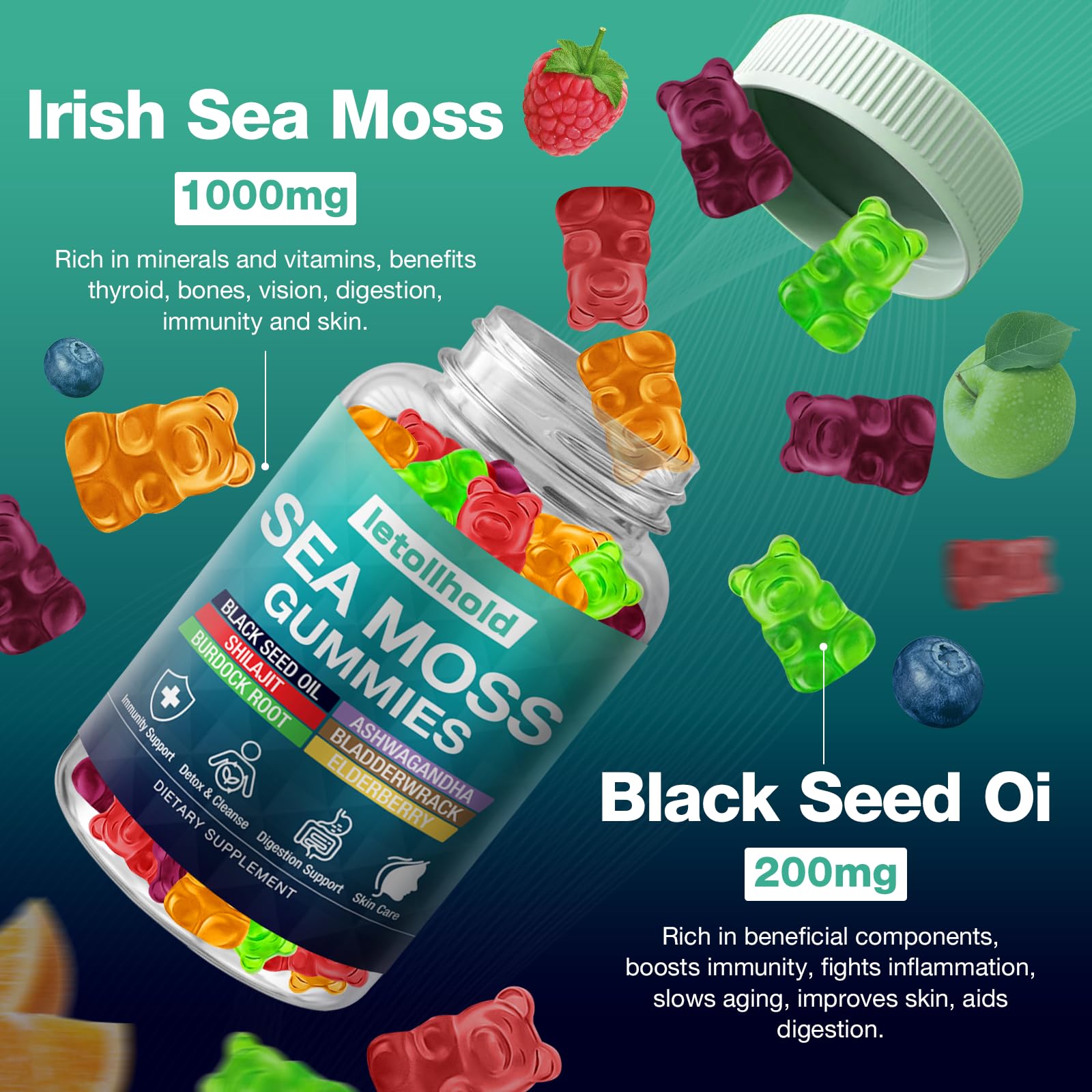 Sea Moss Gummies - Irish Sea Moss Gummies Advanced for Adults with Ashwagandha Bladderwrack & Burdock Root for Supports Immune，Energy - 60 Vegan Gummy,2PCS - TrustMedUSA