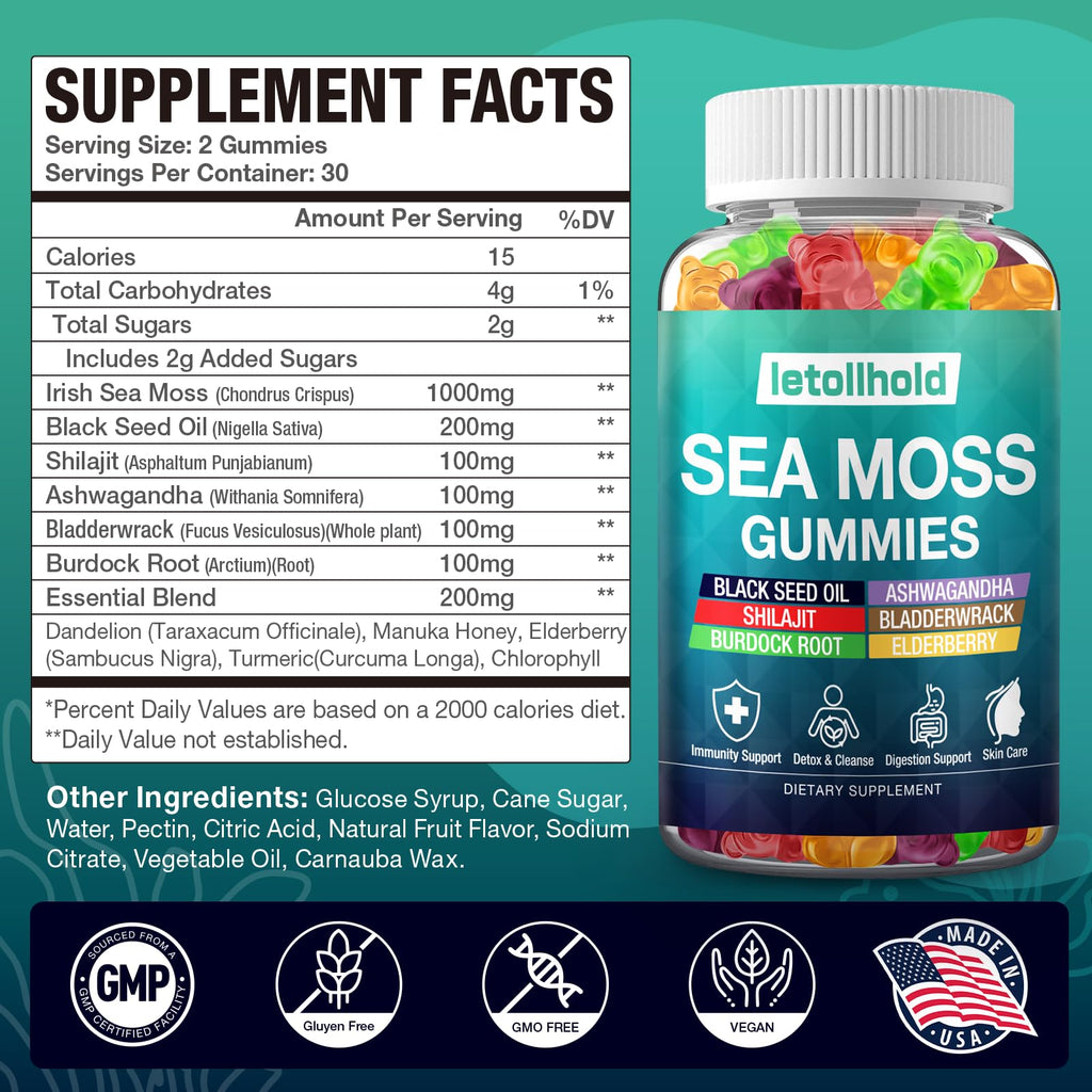 Sea Moss Gummies - Irish Sea Moss Gummies Advanced for Adults with Ashwagandha Bladderwrack & Burdock Root for Supports Immune，Energy - 60 Vegan Gummy,2PCS - TrustMedUSA