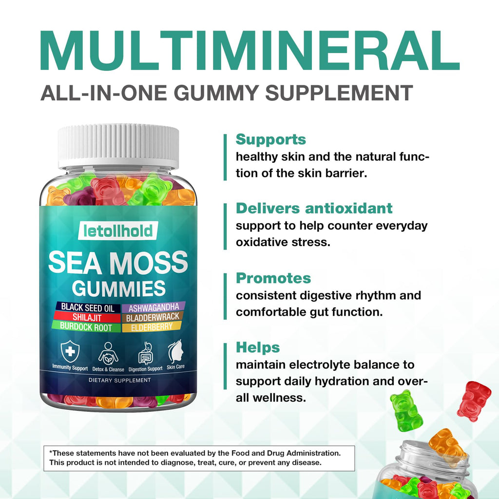 Sea Moss Gummies - Irish Sea Moss Gummies Advanced for Adults with Ashwagandha Bladderwrack & Burdock Root for Supports Immune，Energy - 60 Vegan Gummy,2PCS - TrustMedUSA