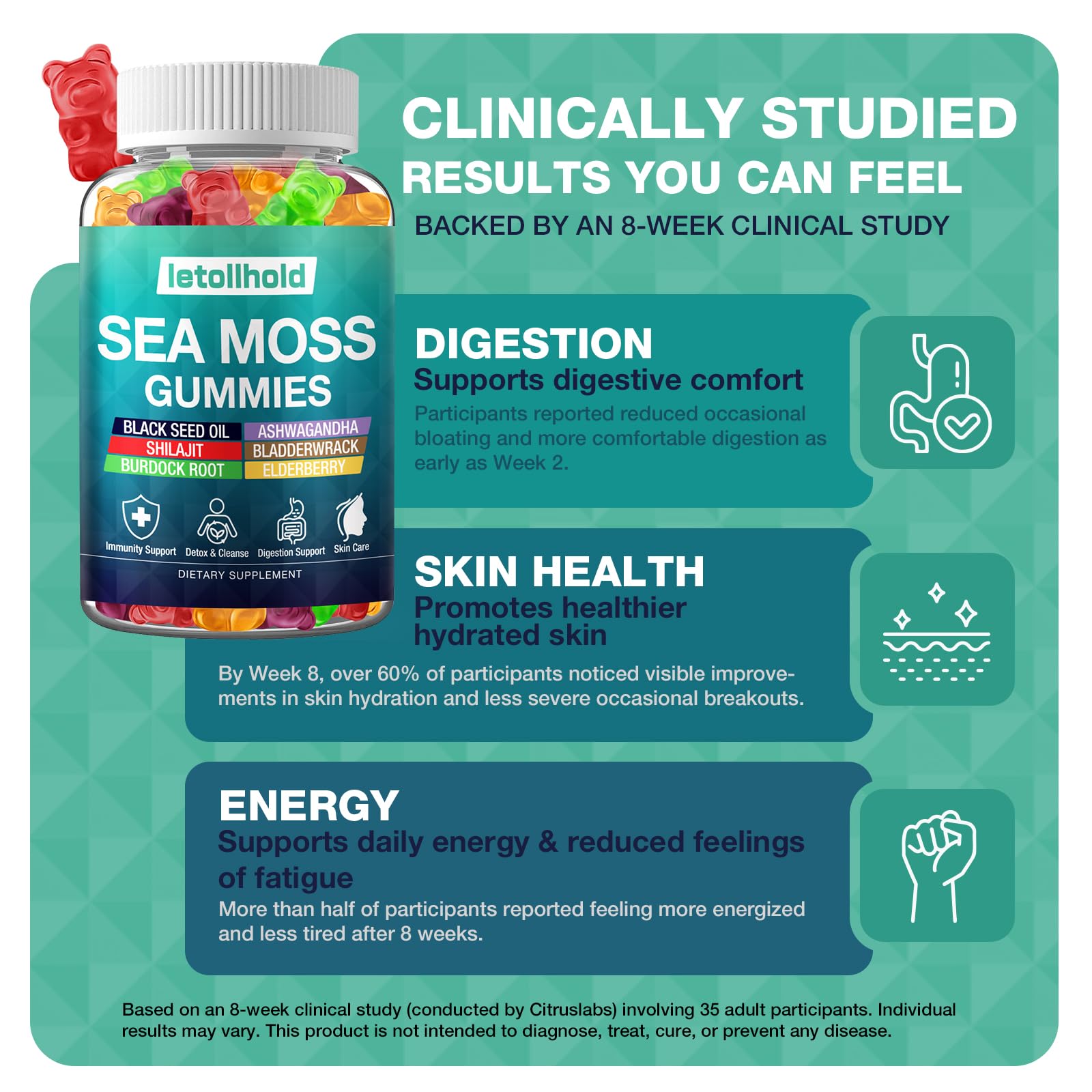 Sea Moss Gummies - Irish Sea Moss Gummies Advanced for Adults with Ashwagandha Bladderwrack & Burdock Root for Supports Immune，Energy - 60 Vegan Gummy,2PCS - TrustMedUSA
