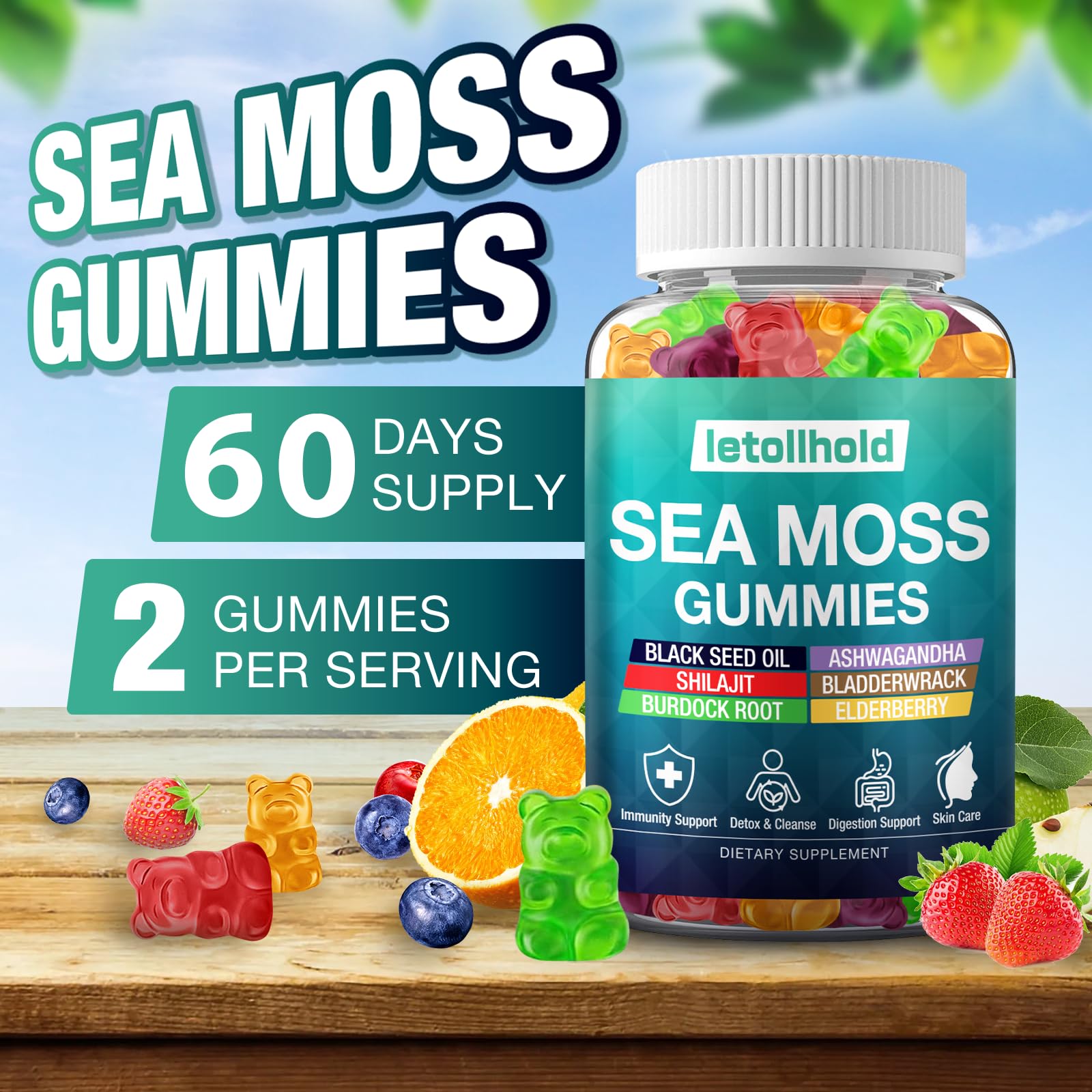 Sea Moss Gummies - Irish Sea Moss Gummies Advanced for Adults with Ashwagandha Bladderwrack & Burdock Root for Supports Immune，Energy - 60 Vegan Gummy,2PCS - TrustMedUSA