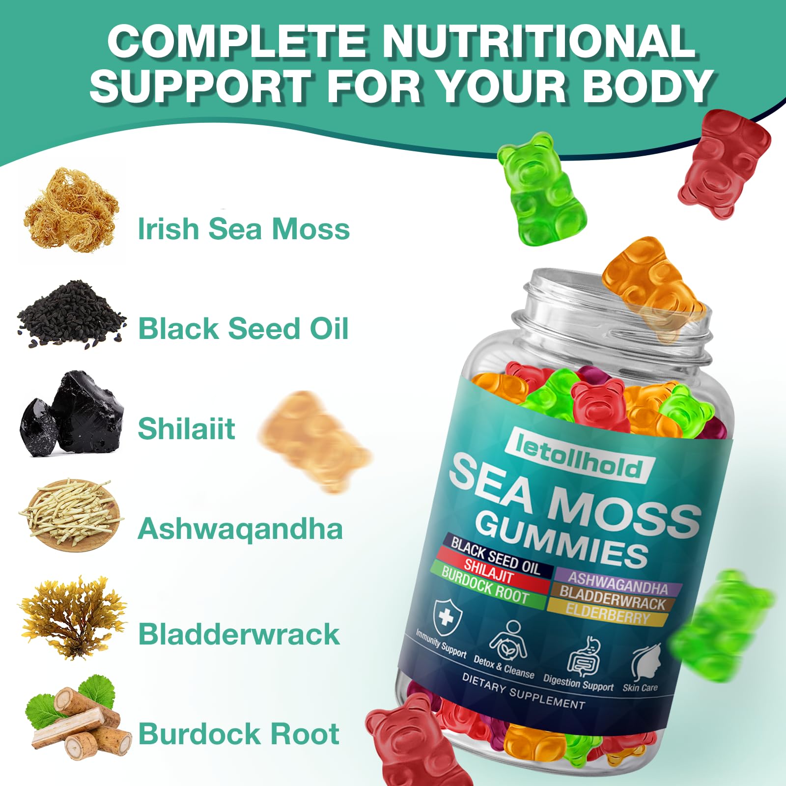 Sea Moss Gummies - Irish Sea Moss Gummies Advanced for Adults with Ashwagandha Bladderwrack & Burdock Root for Supports Immune，Energy - 60 Vegan Gummy,5PCS - TrustMedUSA