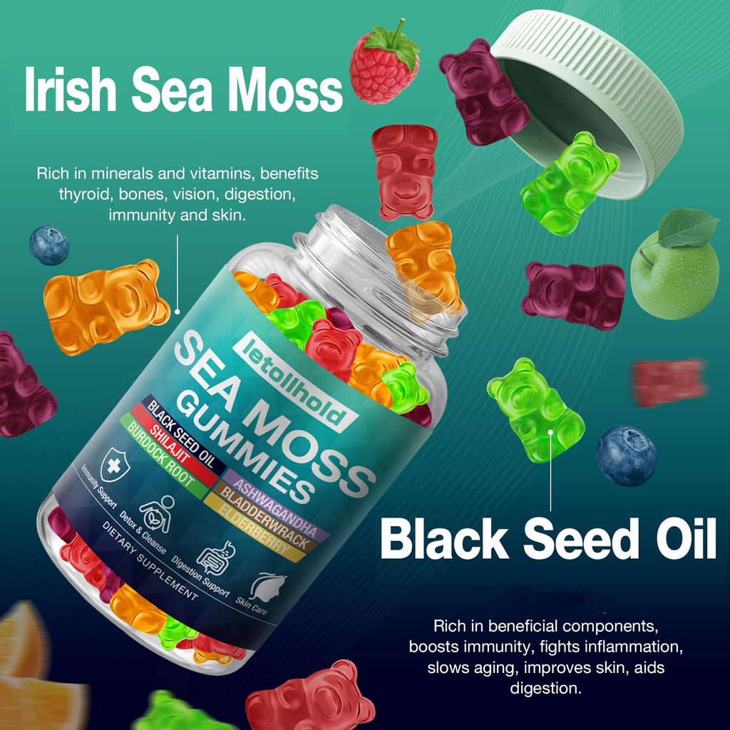 Sea Moss Gummies - Irish Sea Moss Gummies Advanced for Adults with Ashwagandha Bladderwrack & Burdock Root for Supports Immune，Energy - 60 Vegan Gummy,5PCS - TrustMedUSA