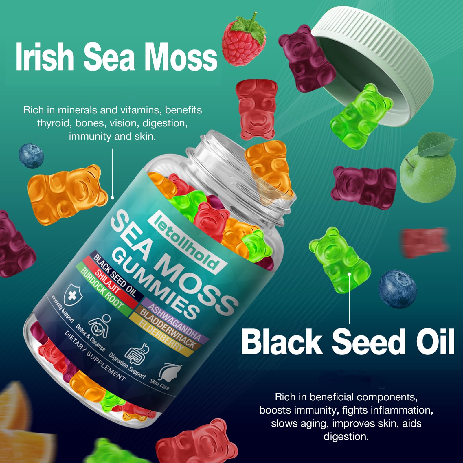 Sea Moss Gummies - Irish Sea Moss Gummies Advanced for Adults with Ashwagandha Bladderwrack & Burdock Root for Supports Immune，Energy - 60 Vegan Gummy,5PCS - TrustMedUSA