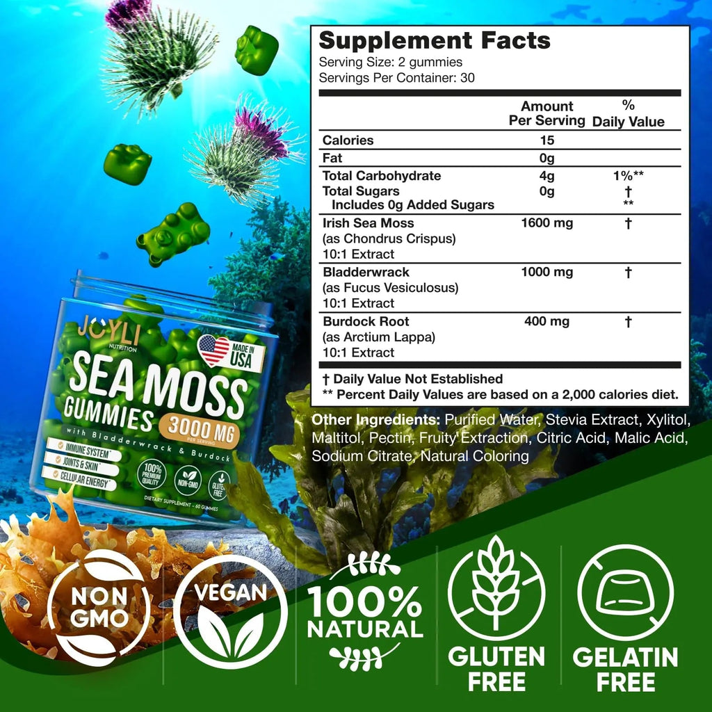 Sea Moss Gummies - Irish Seamoss Gummies for Adults & Kids - Advanced Superfood Supplement with Natural Sea Moss Gel, Bladderwrack & Burdock Root Extract - 60 Vegan Irish Moss Gummy Bears - TrustMedUSA
