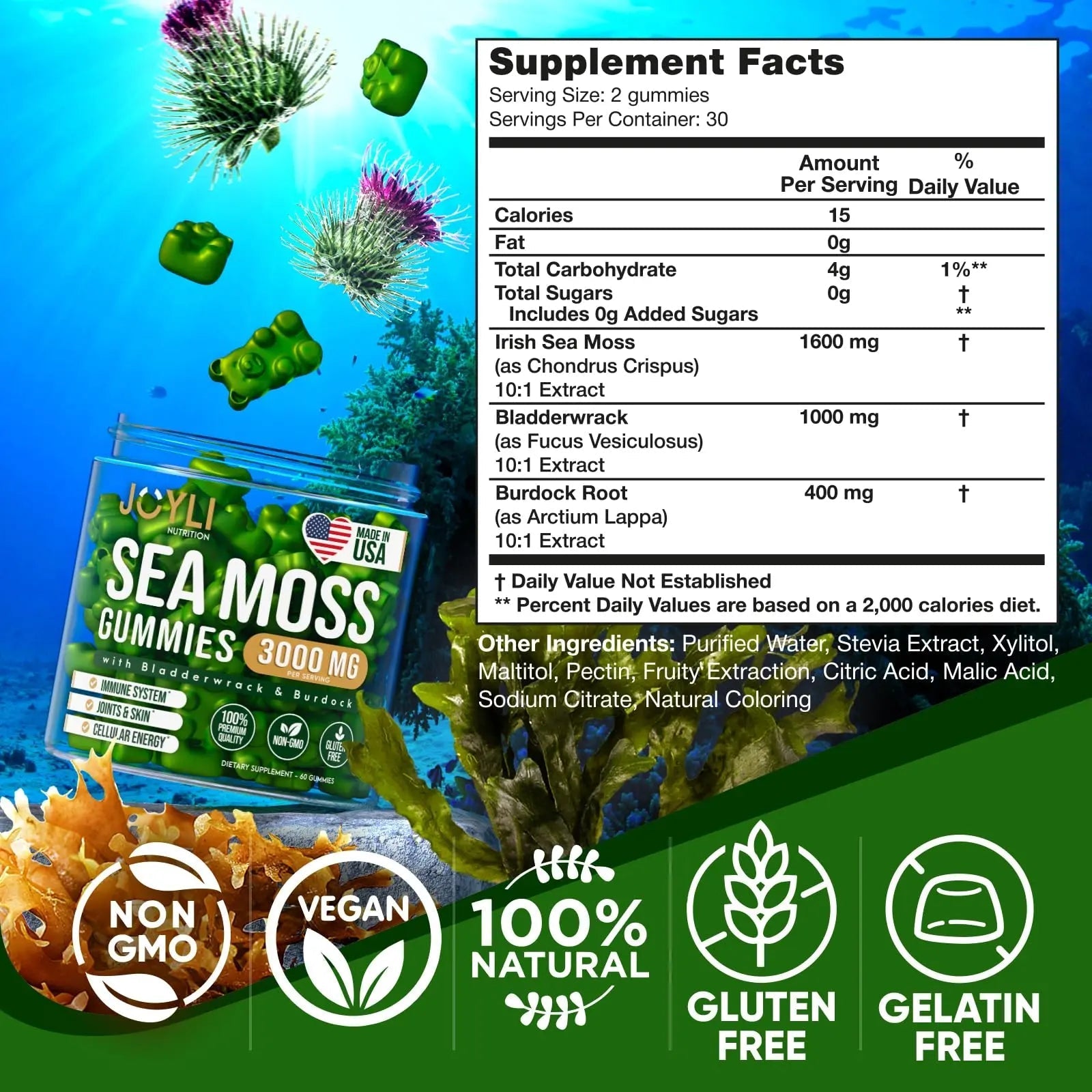 Sea Moss Gummies - Irish Seamoss Gummies for Adults & Kids - Advanced Superfood Supplement with Natural Sea Moss Gel, Bladderwrack & Burdock Root Extract - 60 Vegan Irish Moss Gummy Bears - TrustMedUSA