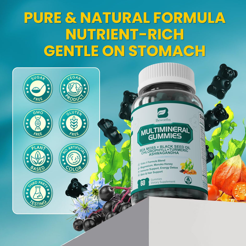 Sea Moss Gummies with Ashwagandha & Chlorophyll, Immune, Digestive and Gut Detox Support, Powered by Black Seed Oil, Vitamin C, Vitamin D & Magnesium, GMO, Vegan, Apple Flavor, 60 SeaMoss Gummies - TrustMedUSA