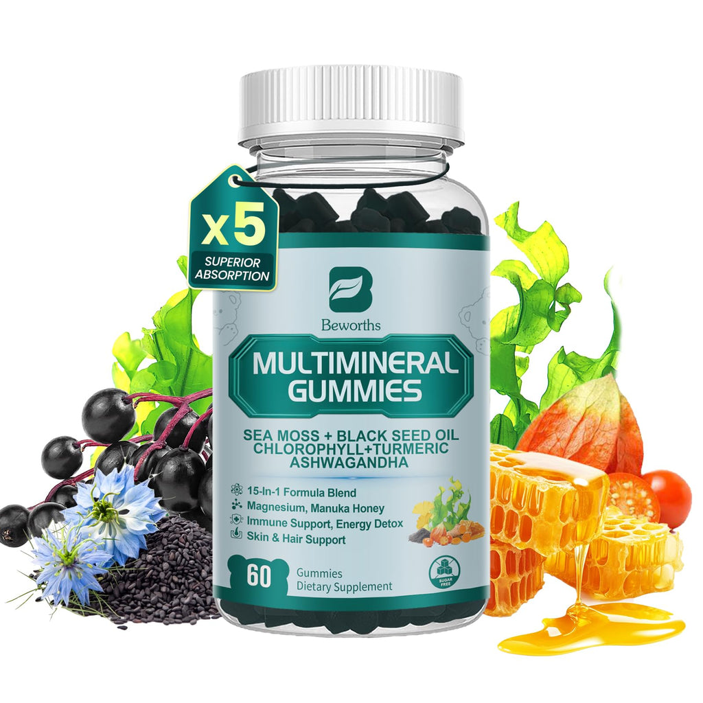 Sea Moss Gummies with Ashwagandha & Chlorophyll, Immune, Digestive and Gut Detox Support, Powered by Black Seed Oil, Vitamin C, Vitamin D & Magnesium, GMO, Vegan, Apple Flavor, 60 SeaMoss Gummies - TrustMedUSA