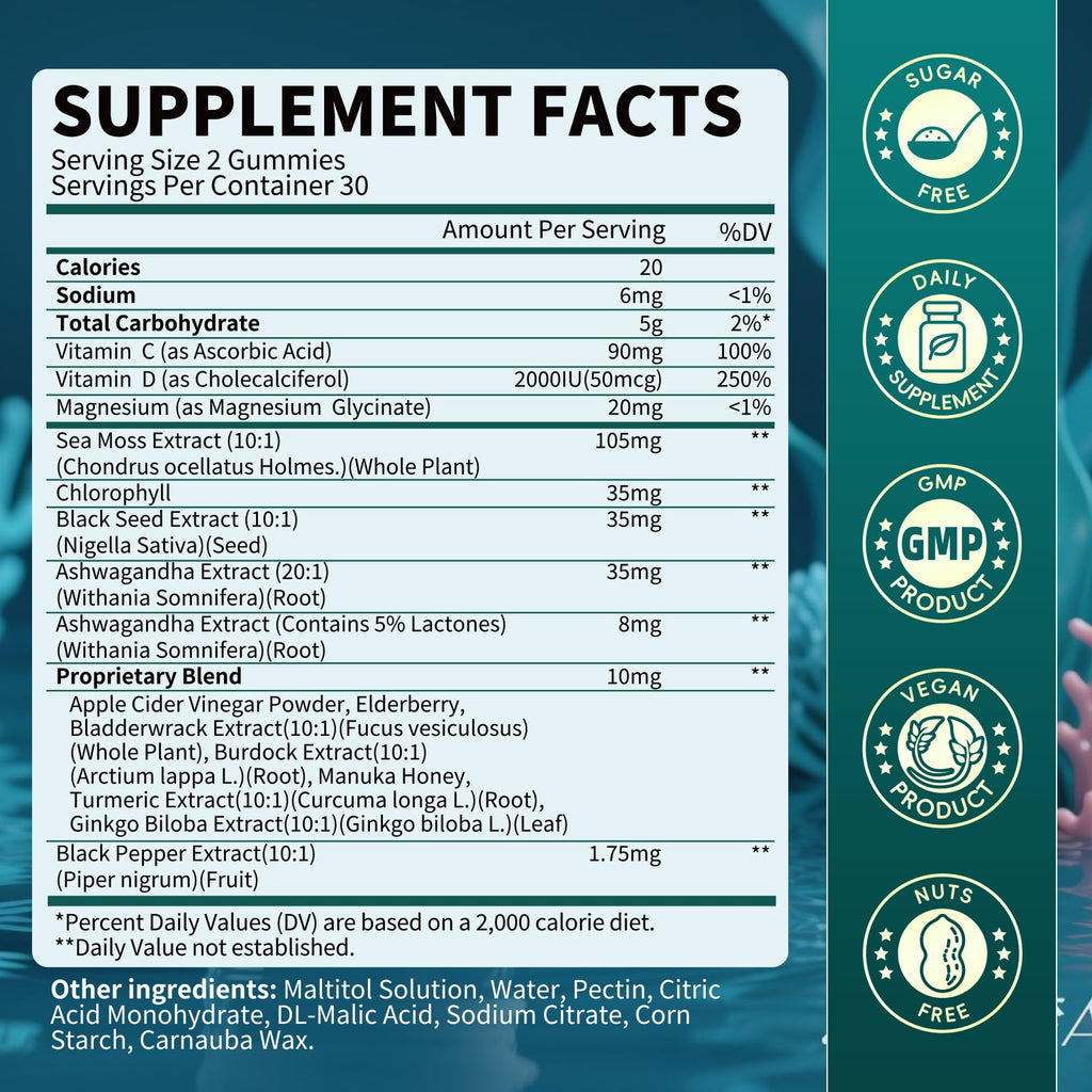 Sea Moss Gummies with Ashwagandha & Chlorophyll, Immune, Digestive and Gut Detox Support, Powered by Black Seed Oil, Vitamin C, Vitamin D & Magnesium, GMO, Vegan, Apple Flavor, 60 SeaMoss Gummies - TrustMedUSA