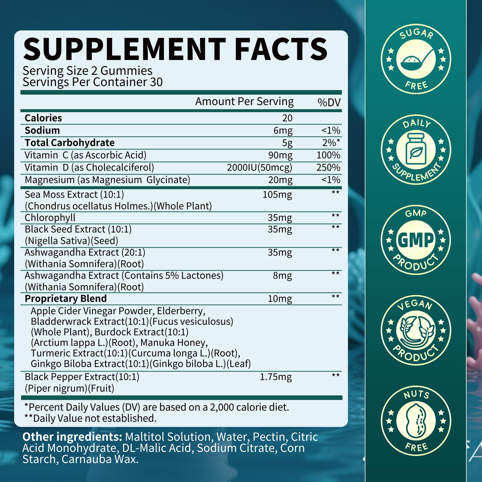 Sea Moss Gummies with Ashwagandha & Chlorophyll, Immune, Digestive and Gut Detox Support, Powered by Black Seed Oil, Vitamin C, Vitamin D & Magnesium, GMO, Vegan, Apple Flavor, 60 SeaMoss Gummies - TrustMedUSA