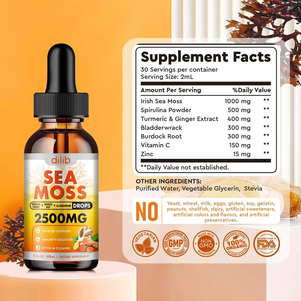 Sea Moss Liquid Drops: Organic Irish Sea Moss 2500mg with Turmeric, Bladderwrack - TrustMedUSA