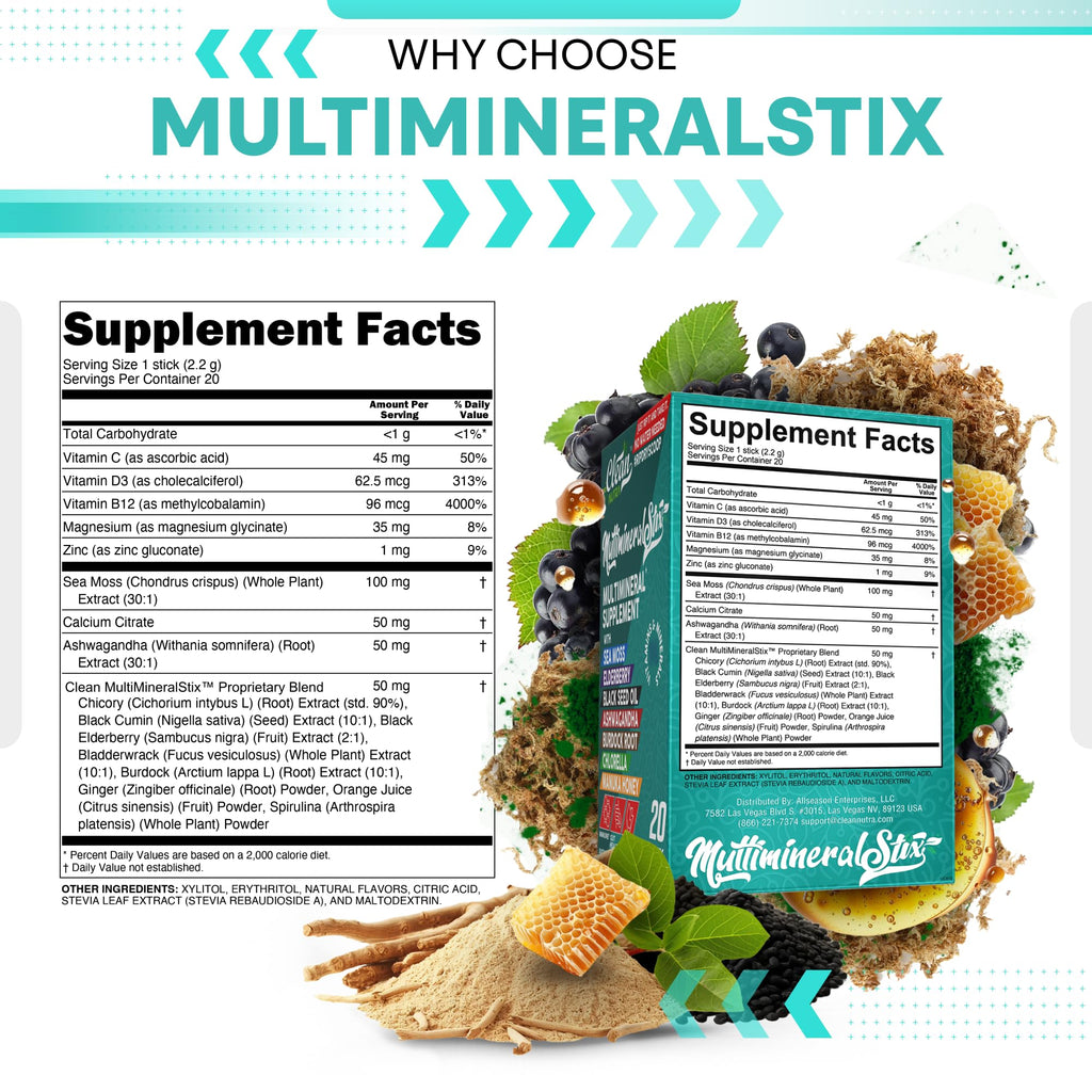 Sea Moss Powder Elderberry Ashwagandha Chlorella Manuka Honey VitaminD3 Vitamin C Zinc Spirulina Iodine Greens Detox Immune Support Sugar Free Hydration Powder Drink Mix – 20 Sticks - TrustMedUSA