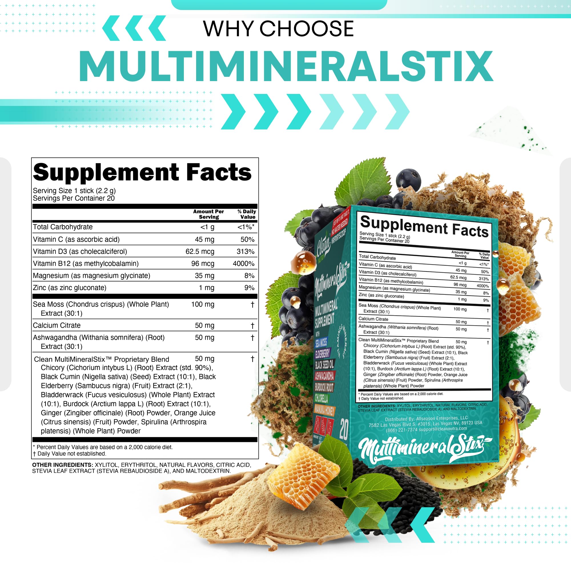 Sea Moss Powder Elderberry Ashwagandha Chlorella Manuka Honey VitaminD3 Vitamin C Zinc Spirulina Iodine Greens Detox Immune Support Sugar Free Hydration Powder Drink Mix – 20 Sticks - TrustMedUSA