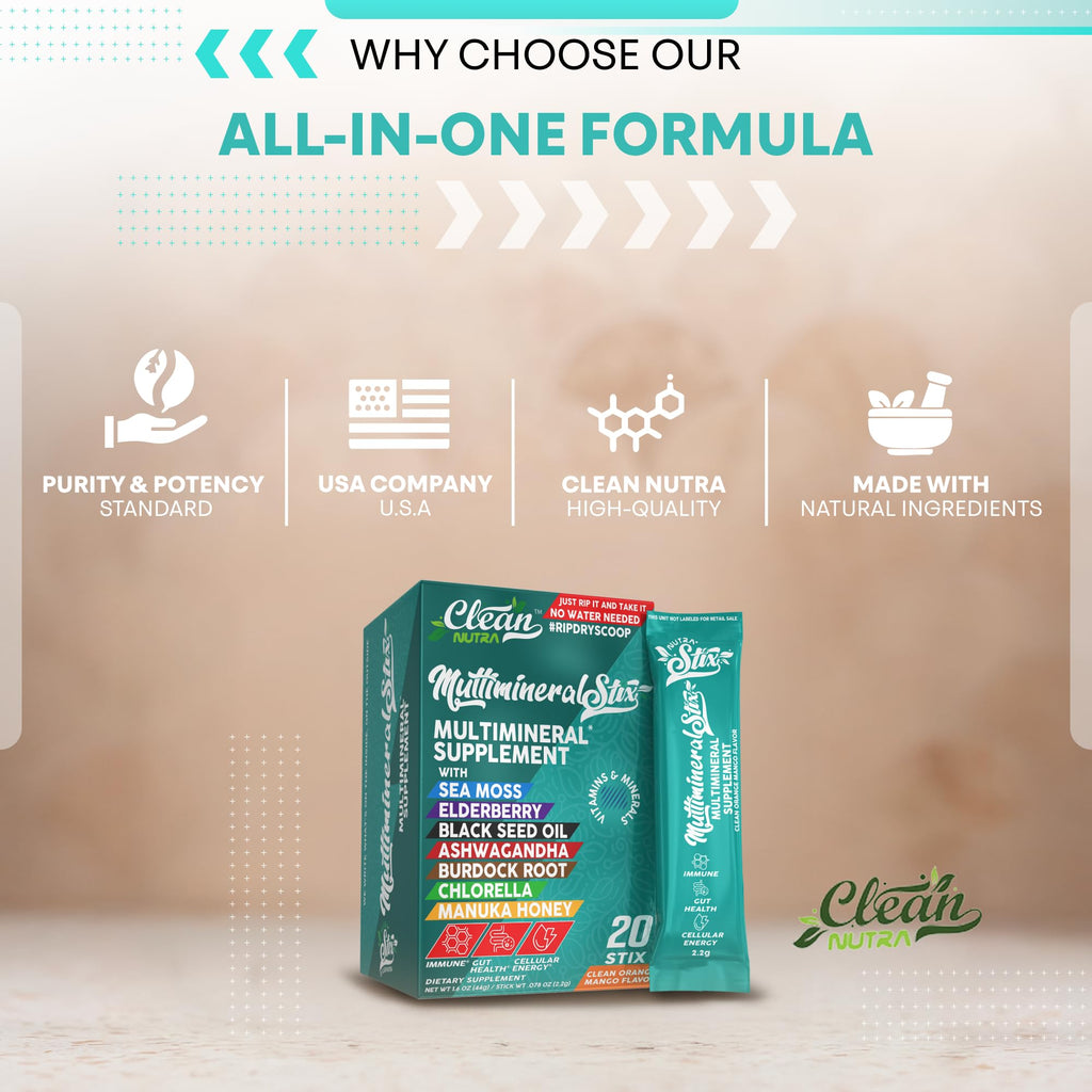 Sea Moss Powder Elderberry Ashwagandha Chlorella Manuka Honey VitaminD3 Vitamin C Zinc Spirulina Iodine Greens Detox Immune Support Sugar Free Hydration Powder Drink Mix – 20 Sticks - TrustMedUSA