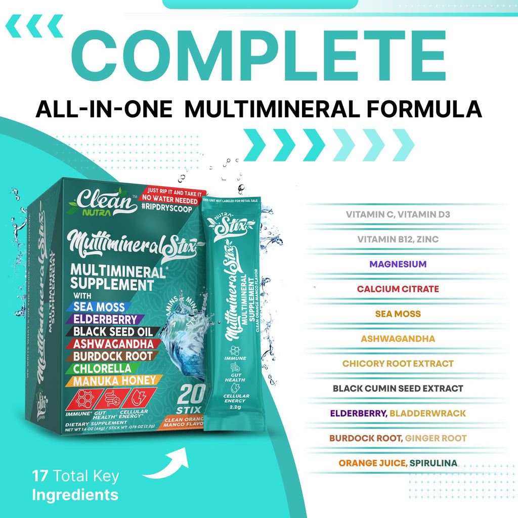 Sea Moss Powder Elderberry Ashwagandha Chlorella Manuka Honey VitaminD3 Vitamin C Zinc Spirulina Iodine Greens Detox Immune Support Sugar Free Hydration Powder Drink Mix – 20 Sticks - TrustMedUSA