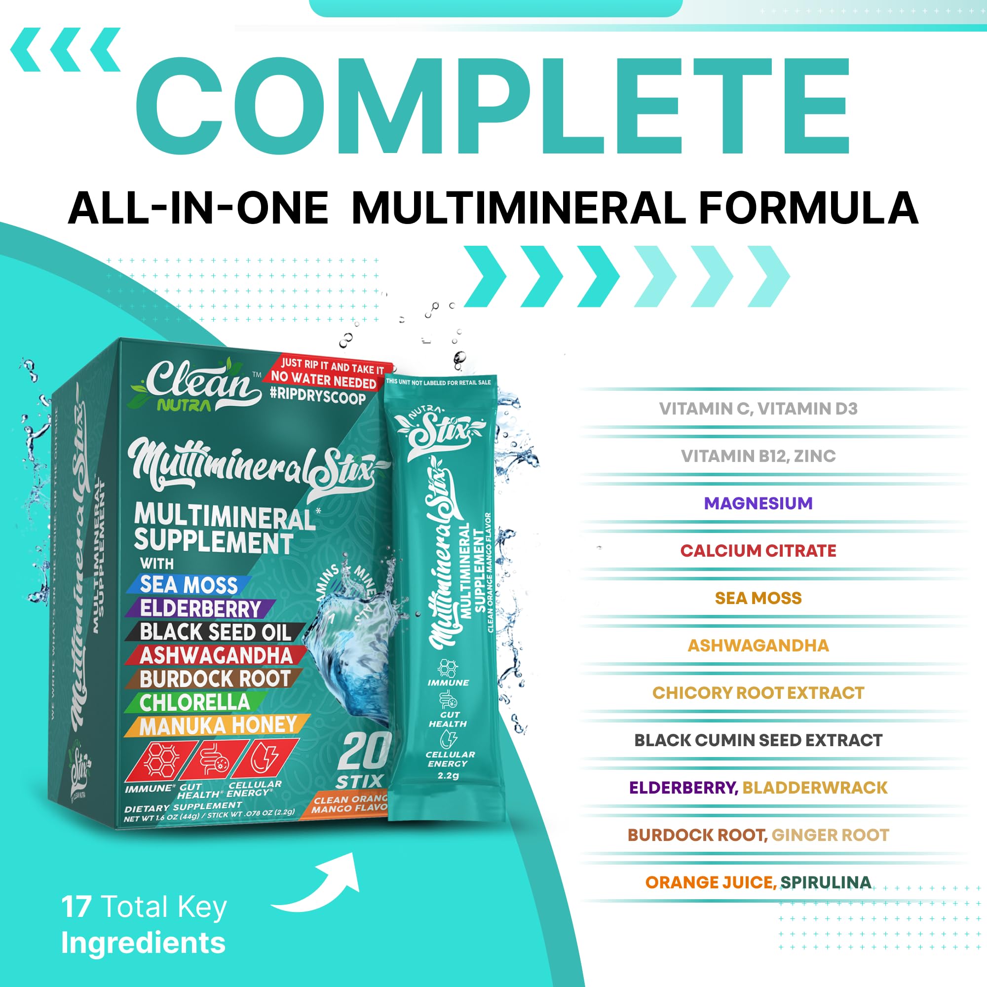 Sea Moss Powder Elderberry Ashwagandha Chlorella Manuka Honey VitaminD3 Vitamin C Zinc Spirulina Iodine Greens Detox Immune Support Sugar Free Hydration Powder Drink Mix – 20 Sticks - TrustMedUSA