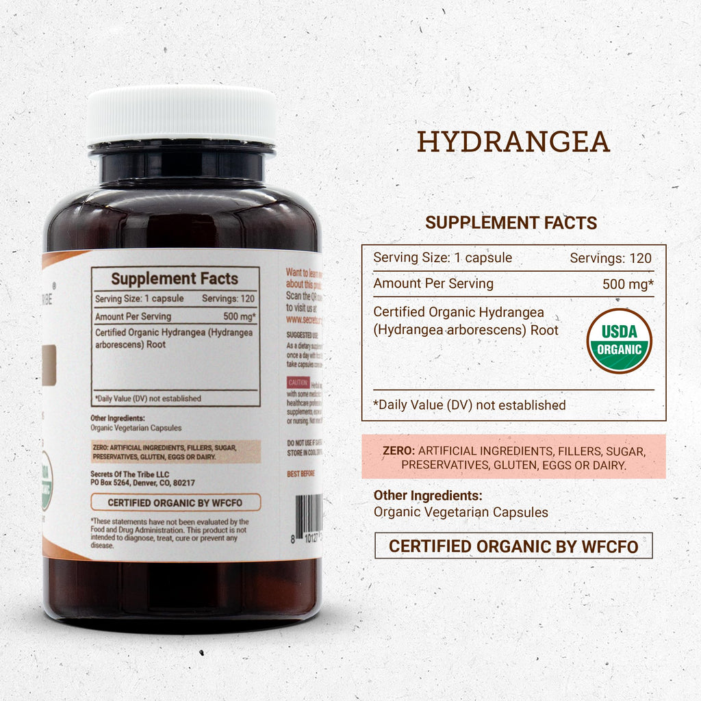 Secrets of the Tribe Hydrangea USDA Organic Capsules | Certified Organic Vegetarian Capsules, Herbal Dietary Supplement | Hydrangea arborescens Dried Root (120 Count) - TrustMedUSA