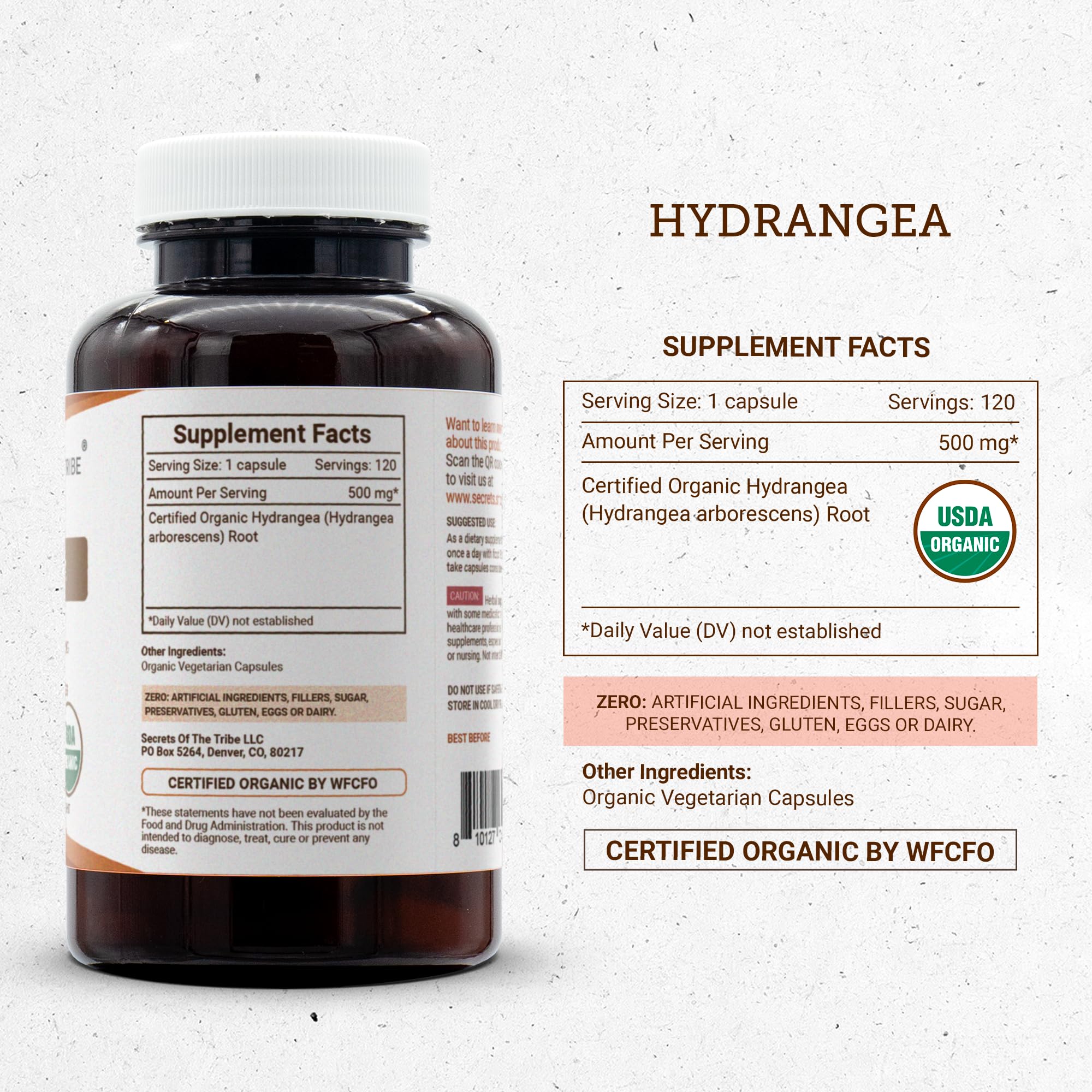 Secrets of the Tribe Hydrangea USDA Organic Capsules | Certified Organic Vegetarian Capsules, Herbal Dietary Supplement | Hydrangea arborescens Dried Root (120 Count) - TrustMedUSA