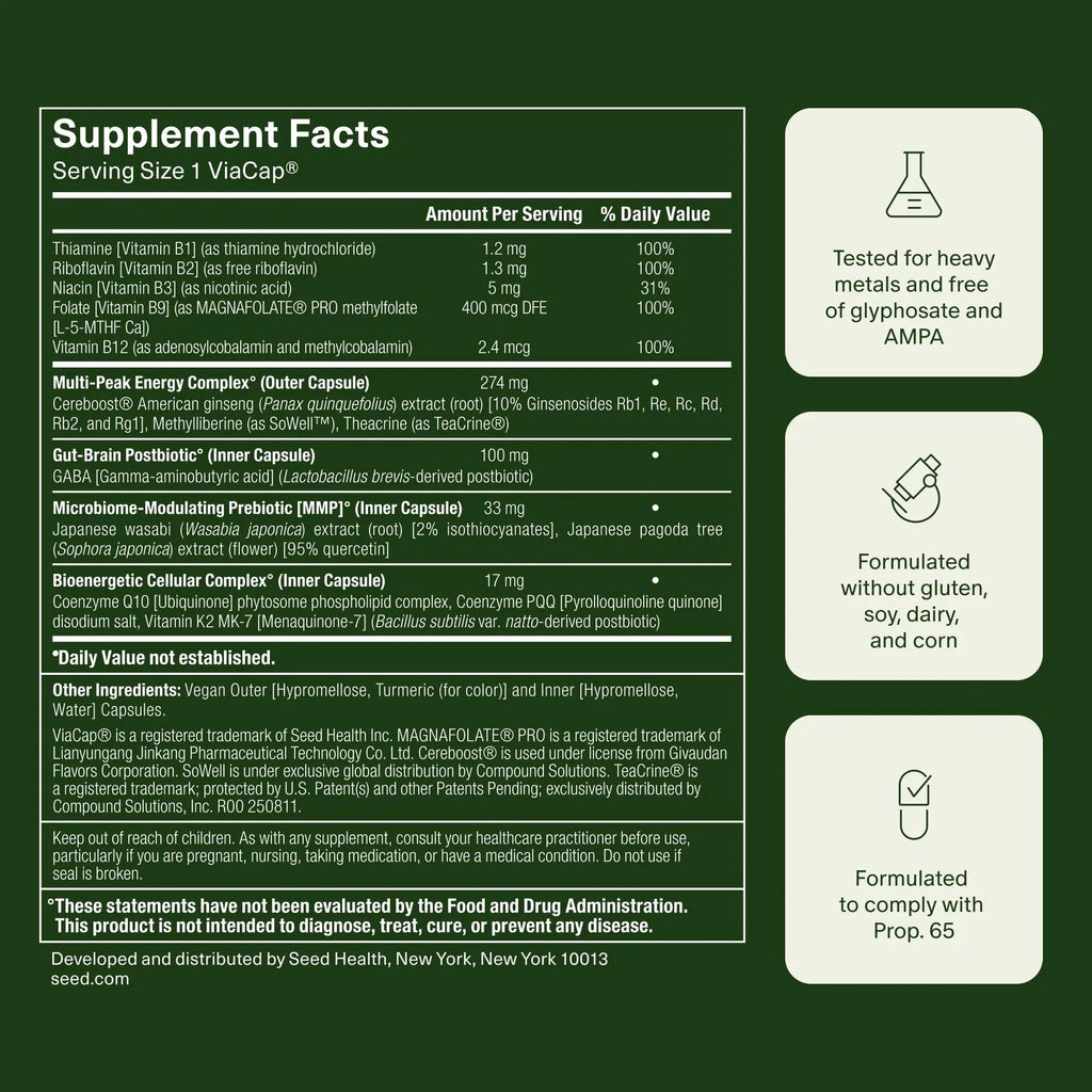 Seed AM-02 Energy + Focus - Daily Nootropic Supplement for Women & Men - Fast-Acting & Sustained Energy for Up to 6 Hours - Caffeine-Free Vegan & Shelf-Stable - 30 Capsules (30-Day Supply) - TrustMedUSA