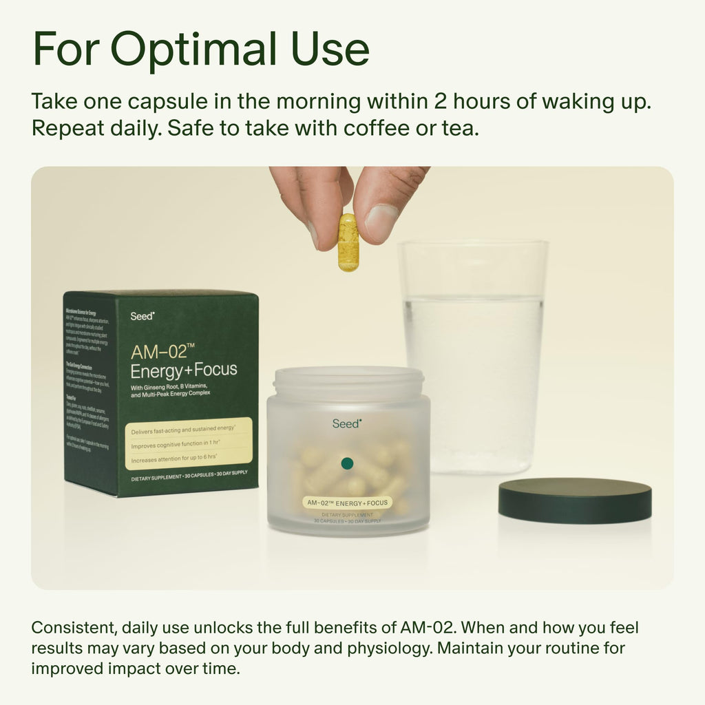 Seed AM-02 Energy + Focus - Daily Nootropic Supplement for Women & Men - Fast-Acting & Sustained Energy for Up to 6 Hours - Caffeine-Free Vegan & Shelf-Stable - 30 Capsules (30-Day Supply) - Maple Wellness Supplements