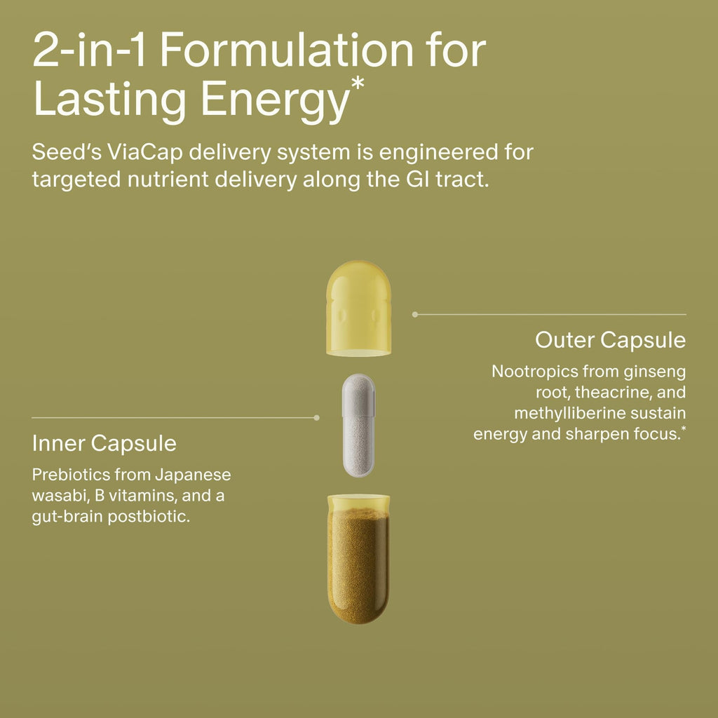 Seed AM-02 Energy + Focus - Daily Nootropic Supplement for Women & Men - Fast-Acting & Sustained Energy for Up to 6 Hours - Caffeine-Free Vegan & Shelf-Stable - 30 Capsules (30-Day Supply) - Maple Wellness Supplements