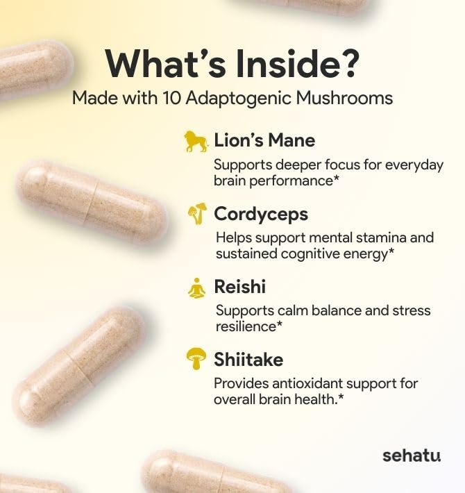 SEHATU Clarity Plus Cognitive Wellness Supplement | Packed with 10 Powerful Adaptogenic Mushrooms | Clear Brain Fog and Support Mental Clarity | 60 Count | 30 Day Supply - TrustMedUSA