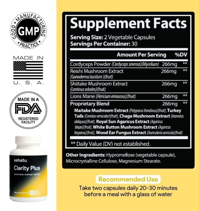 SEHATU Clarity Plus Cognitive Wellness Supplement | Packed with 10 Powerful Adaptogenic Mushrooms | Clear Brain Fog and Support Mental Clarity | 60 Count | 30 Day Supply - TrustMedUSA