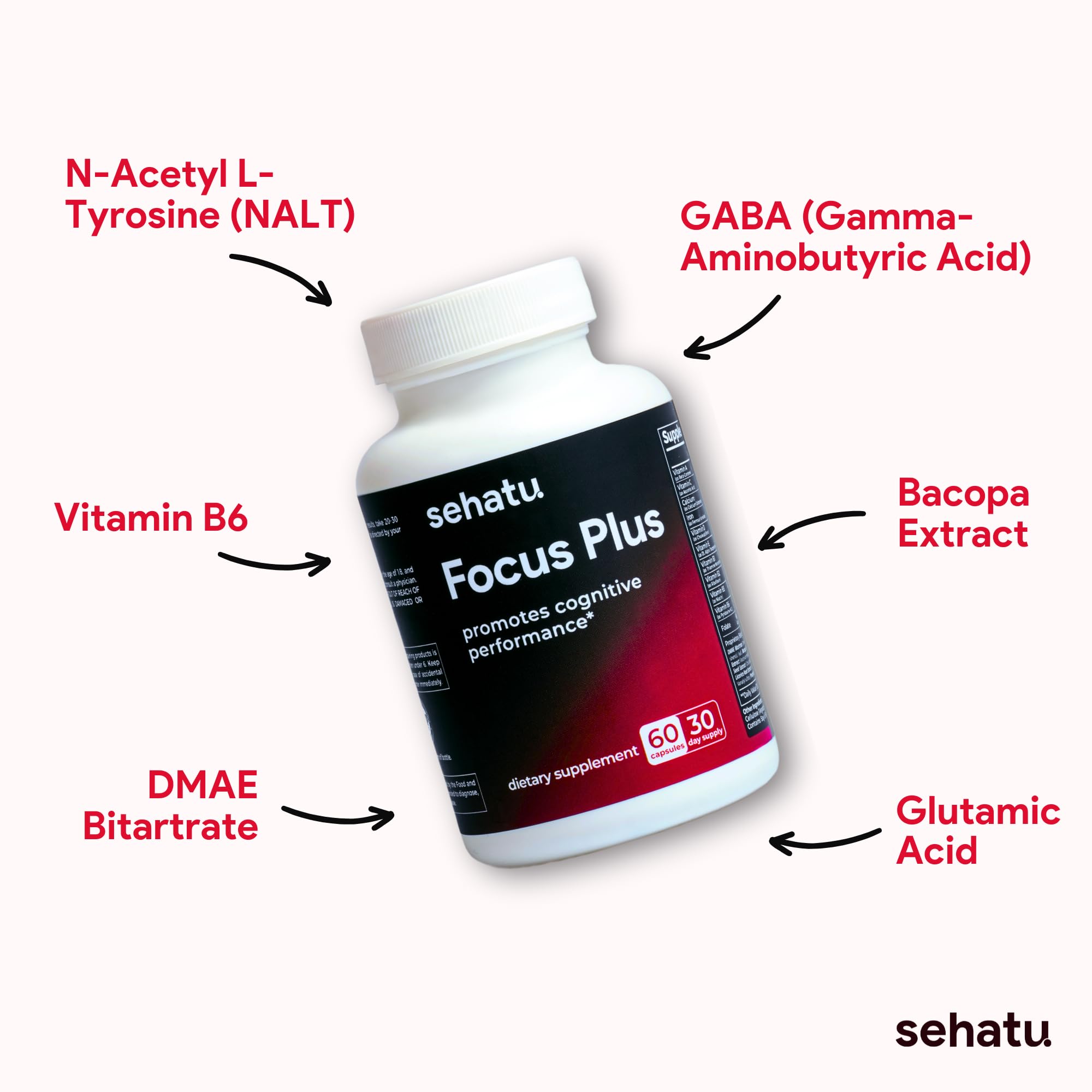 SEHATU Focus Plus Cognitive Performance Enhancer | with N-Acetyl L-Tyrosine, DMAE Bitartrate, GABA, Glutamic Acid | Boosts Focus, Enhances Memory, Supports Brain Health | 60 Count | 30 Day Supply - TrustMedUSA