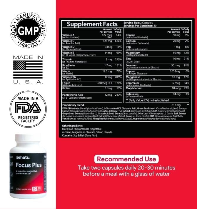 SEHATU Focus Plus Cognitive Performance Enhancer | with N-Acetyl L-Tyrosine, DMAE Bitartrate, GABA, Glutamic Acid | Boosts Focus, Enhances Memory, Supports Brain Health | 60 Count | 30 Day Supply - TrustMedUSA