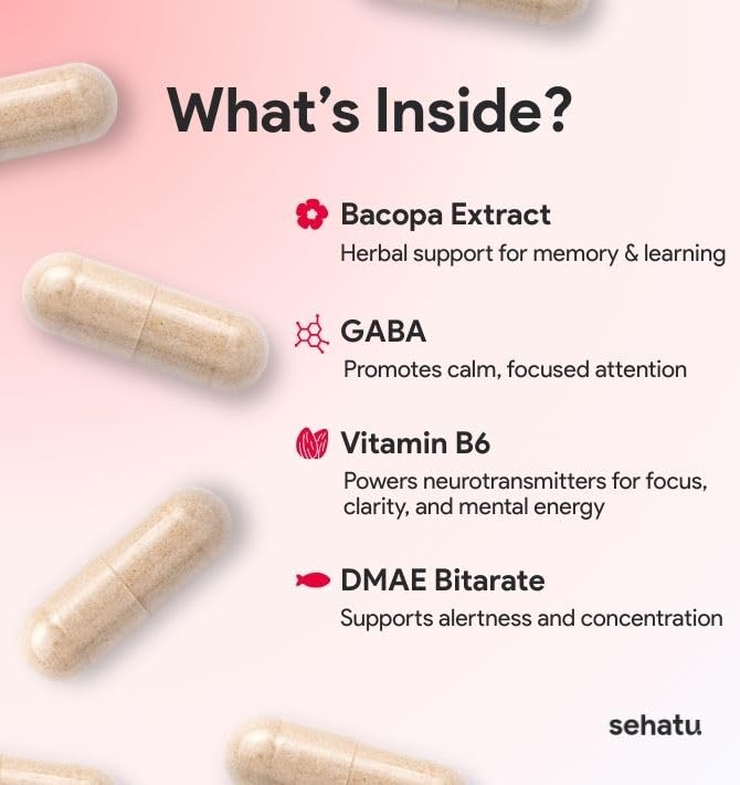 SEHATU Focus Plus Cognitive Performance Enhancer | with N-Acetyl L-Tyrosine, DMAE Bitartrate, GABA, Glutamic Acid | Boosts Focus, Enhances Memory, Supports Brain Health | 60 Count | 30 Day Supply - TrustMedUSA