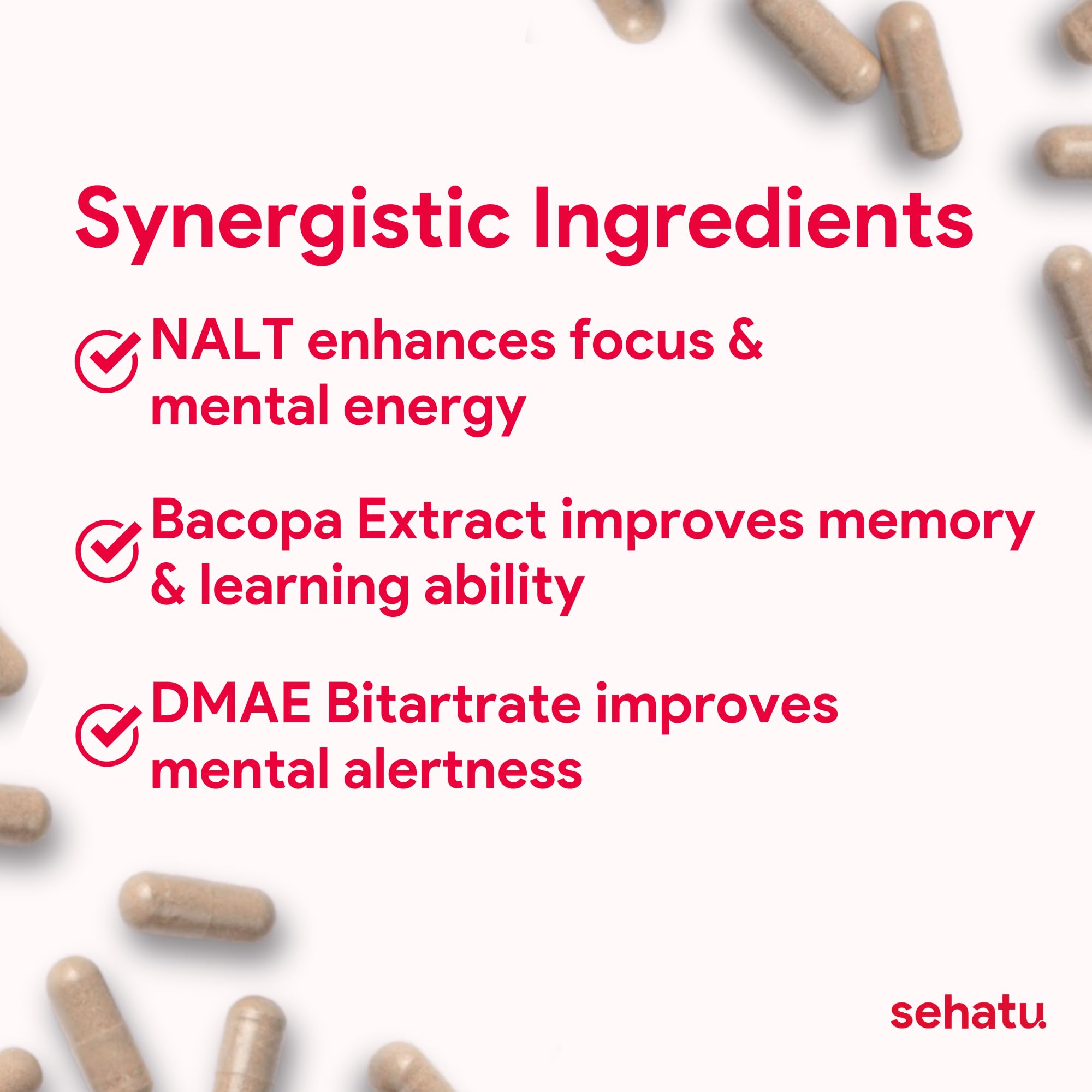 SEHATU Focus Plus Cognitive Performance Enhancer | with N-Acetyl L-Tyrosine, DMAE Bitartrate, GABA, Glutamic Acid | Boosts Focus, Enhances Memory, Supports Brain Health | 60 Count | 30 Day Supply - TrustMedUSA
