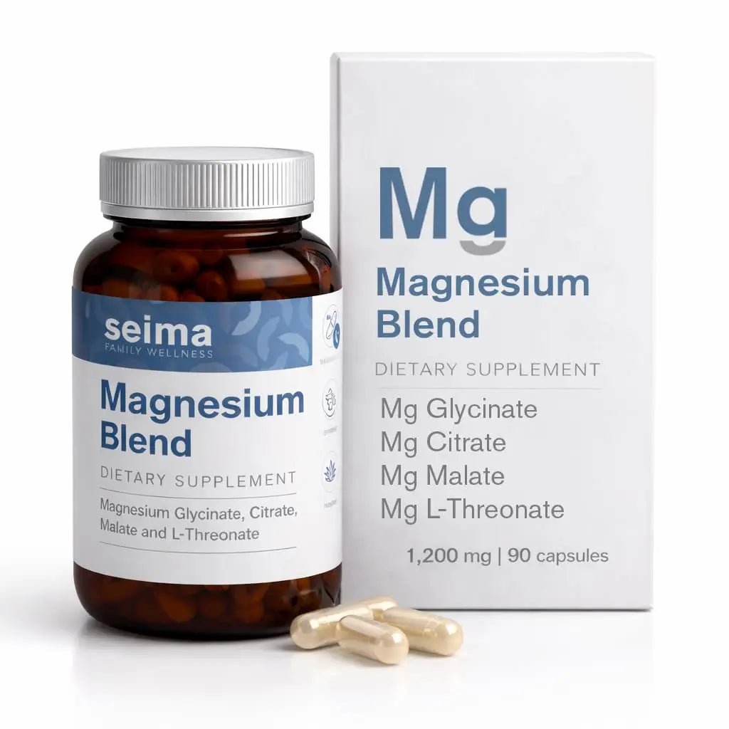 SEIMA - 4-in-1 Magnesium Complex – 1200 mg with Glycinate, Citrate, L-Threonate and Malate – Sleep, Stress Relief, Muscle Recovery, Energy and Well-Being for Women and Men, 90 Capsules - TrustMedUSA