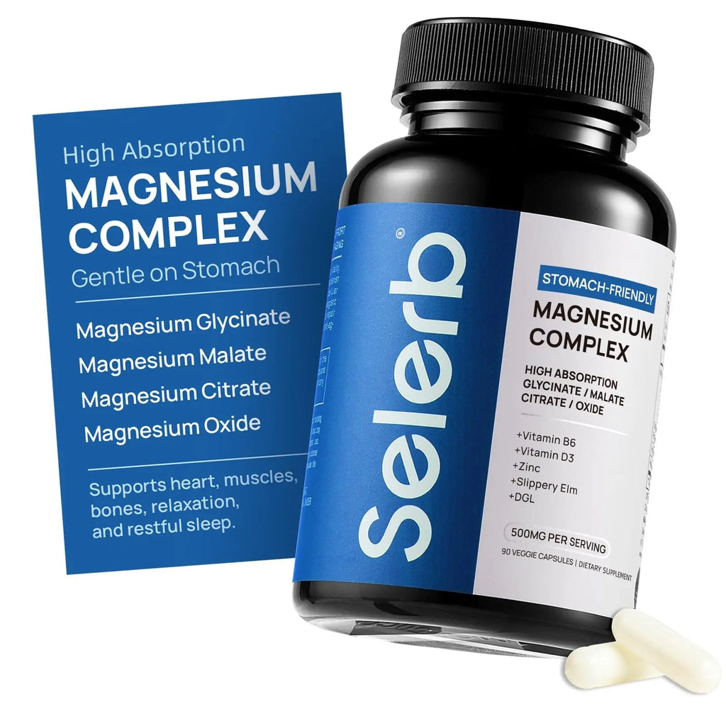 Selerb Magnesium Complex for Women and Men-Glycinate,Malate,Citrate,Oxide Supports Calm, Sleep, Muscle & Energy with D3, B6, Zinc, Slippery Elm & DGL Gentle on Stomach 90 Capsules - TrustMedUSA