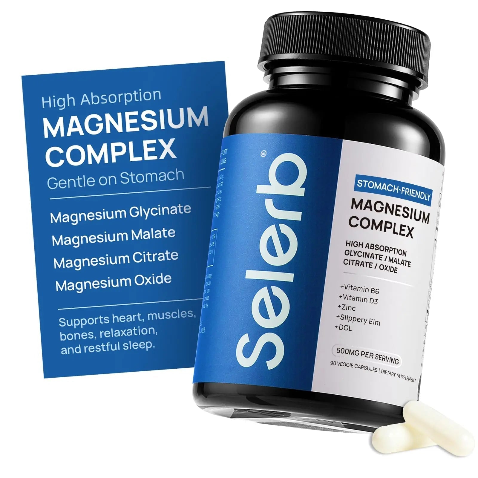 Selerb Magnesium Complex for Women and Men-Glycinate,Malate,Citrate,Oxide Supports Calm, Sleep, Muscle & Energy with D3, B6, Zinc, Slippery Elm & DGL Gentle on Stomach 90 Capsules - TrustMedUSA