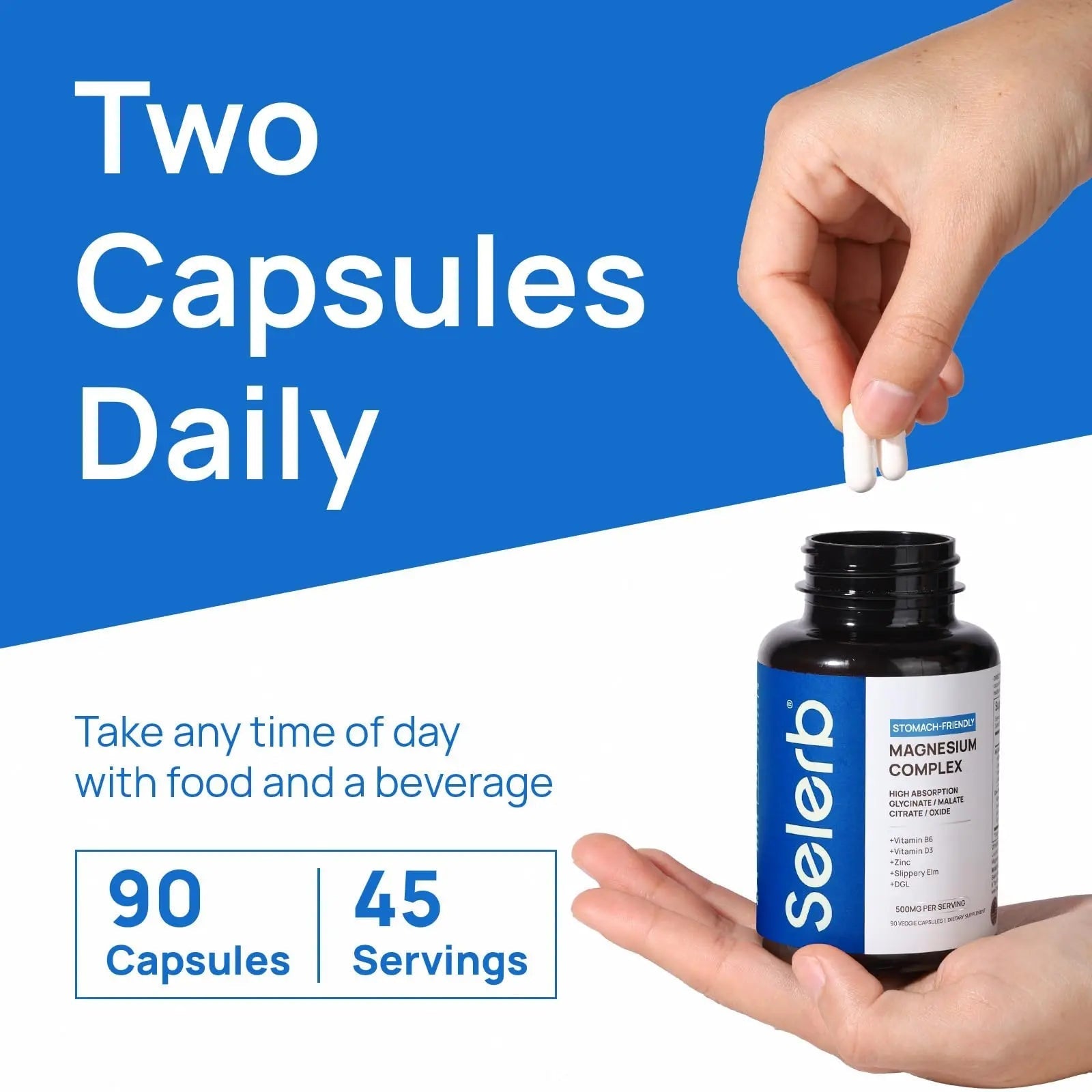 Selerb Magnesium Complex for Women and Men-Glycinate,Malate,Citrate,Oxide Supports Calm, Sleep, Muscle & Energy with D3, B6, Zinc, Slippery Elm & DGL Gentle on Stomach 90 Capsules - TrustMedUSA
