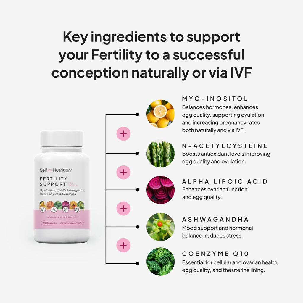 SELF NUTRITION Fertility Support for Women | Conception for Her, Coenzyme Q10, Ashwagandha, Myo-Inositol & More| Support Cycle Regularity & Ovulation| Vegan, Non-GMO, USA Made-60 Capsules - Maple Wellness Supplements