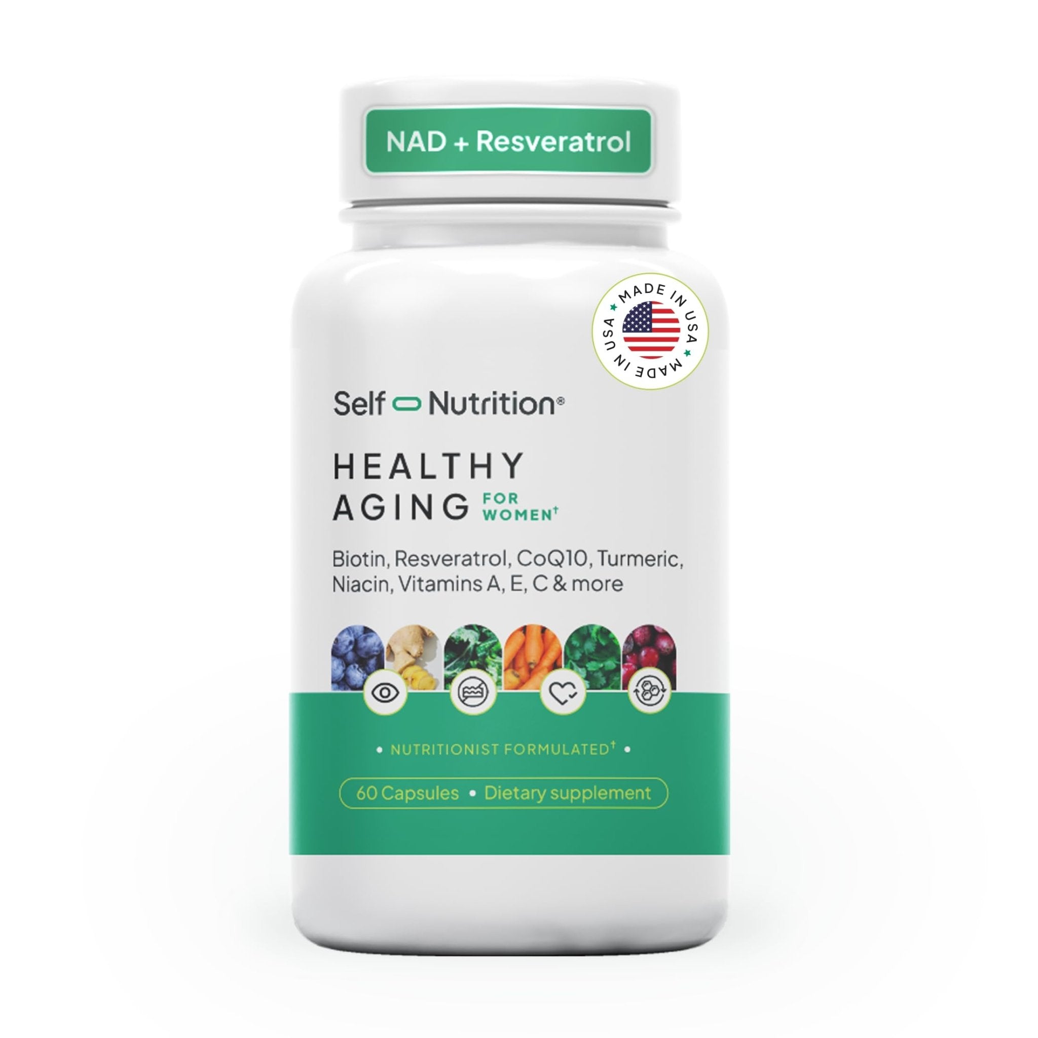 SELF NUTRITION NAD+ Resveratrol Supplement for Women – Healthy Aging Formula with CoQ10, Biotin, Turmeric & Vitamins A, C, E – Supports Energy, Skin & Longevity – 60 Capsules. Made in USA. - TrustMedUSA