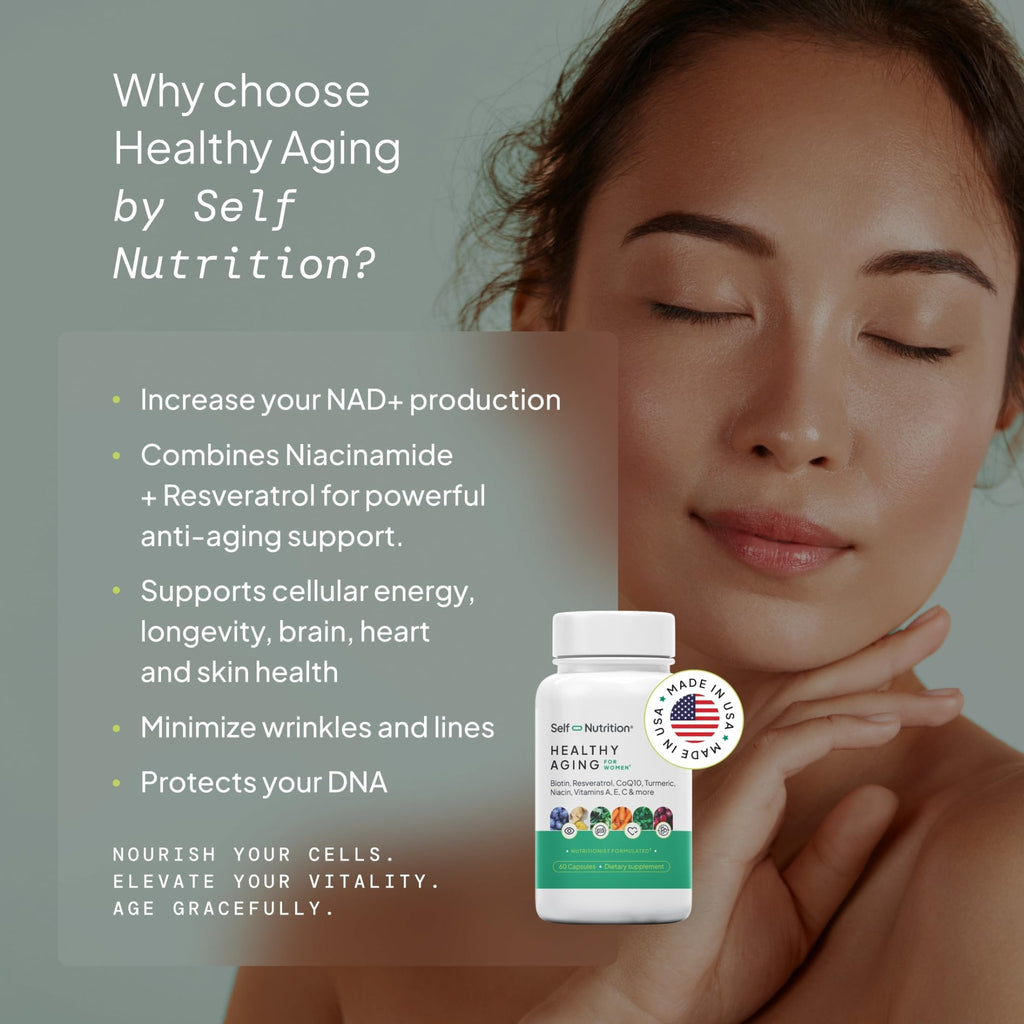 SELF NUTRITION NAD+ Resveratrol Supplement for Women – Healthy Aging Formula with CoQ10, Biotin, Turmeric & Vitamins A, C, E – Supports Energy, Skin & Longevity – 60 Capsules. Made in USA. - TrustMedUSA