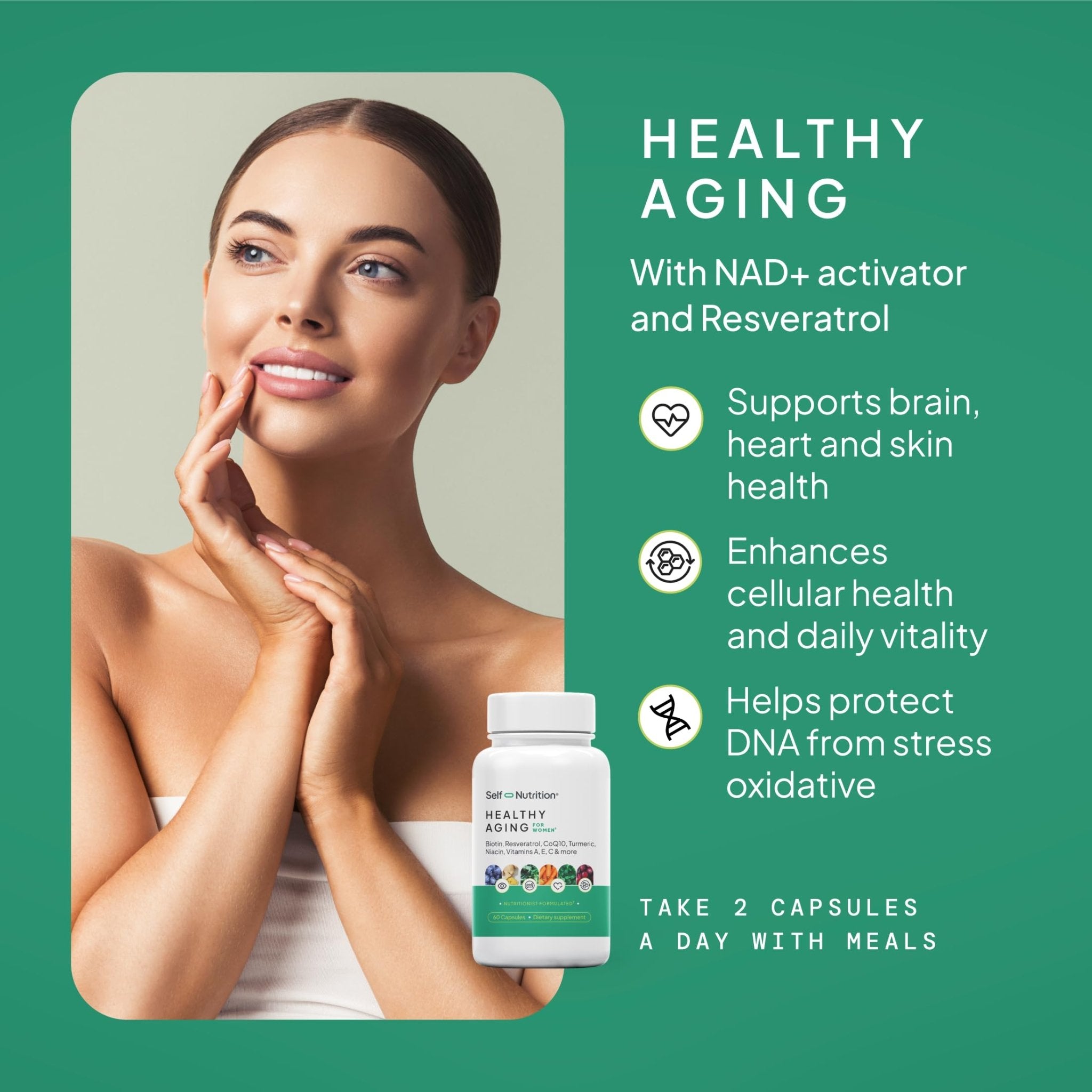 SELF NUTRITION NAD+ Resveratrol Supplement for Women – Healthy Aging Formula with CoQ10, Biotin, Turmeric & Vitamins A, C, E – Supports Energy, Skin & Longevity – 60 Capsules. Made in USA. - TrustMedUSA