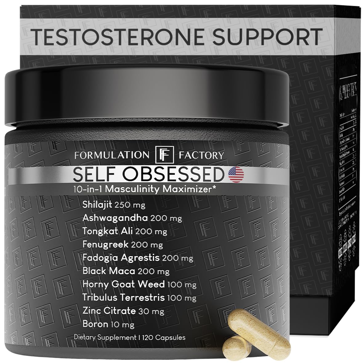 Self Obsessed Masculine Vitality & Testosterone Support - 10-in-1 Complex with Shilajit, Tongkat Ali, & Fadogia Agrestis - 120 Capsules, 2 Month Supply (120 Count (Pack of 1), Self Obsessed) - TrustMedUSA