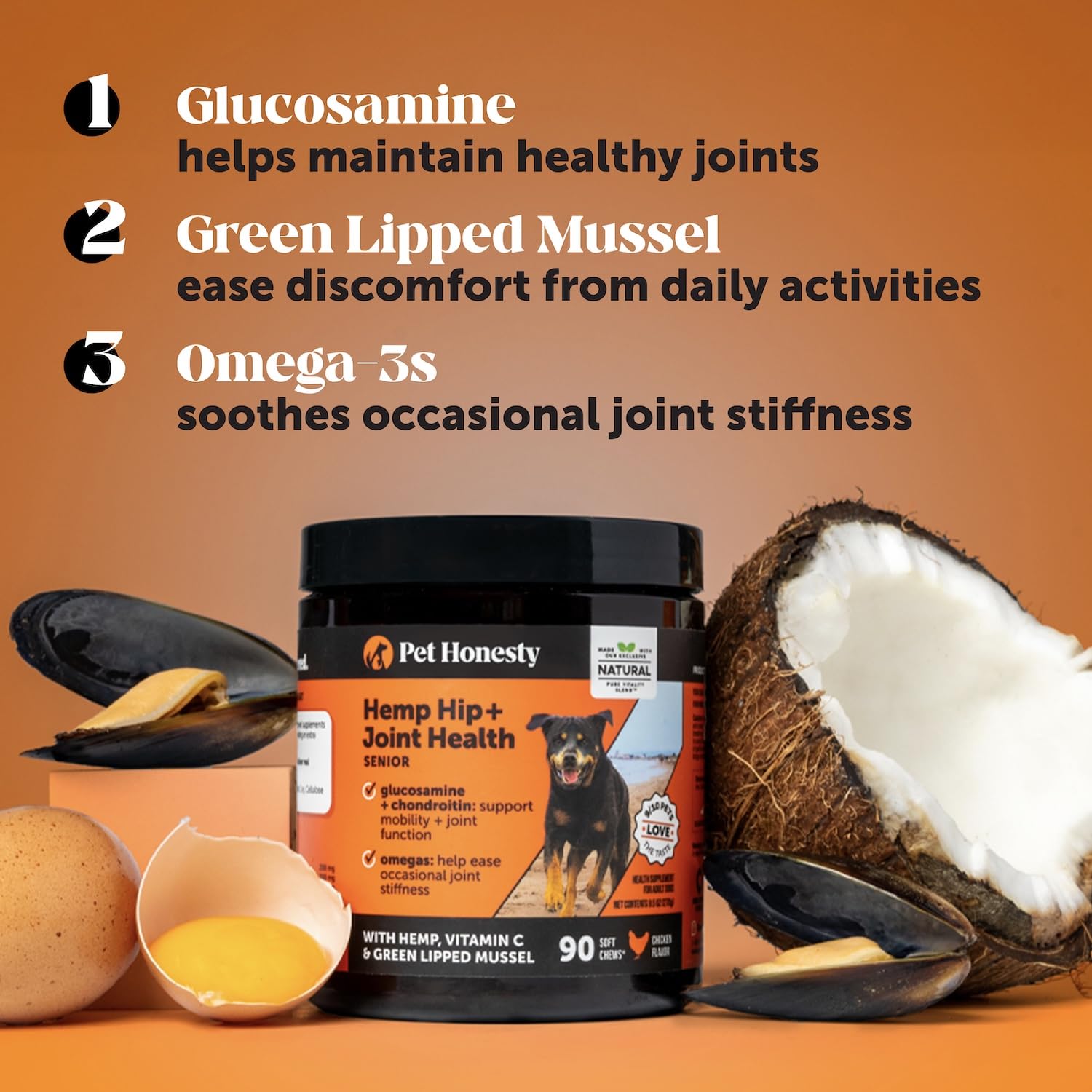 Senior Hemp Hip and Joint Supplement for Dogs - Glucosamine Chondroitin, MSM & Green Lipped Mussel - Relief for Joint Stiffness, Advanced Strength Mobility Support for Senior Dogs (Chicken, 90 Ct) - TrustMedUSA