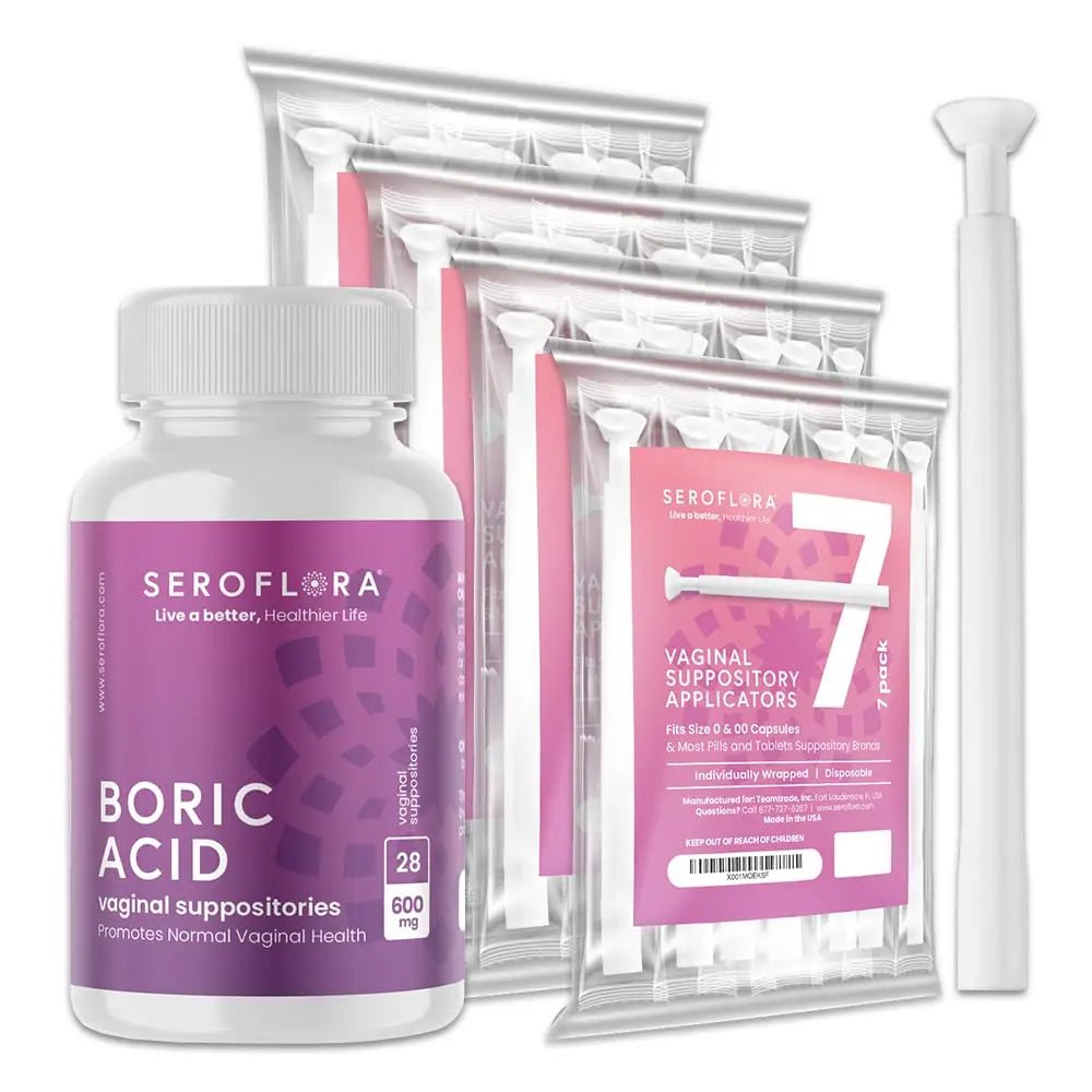 Seroflora Boric Acid 600mg Feminine Capsules, Feminine pH Support, Intimate Freshness for Women, Fast-Dissolving Capsules (30 Count) with Applicators (28 Count) - TrustMedUSA
