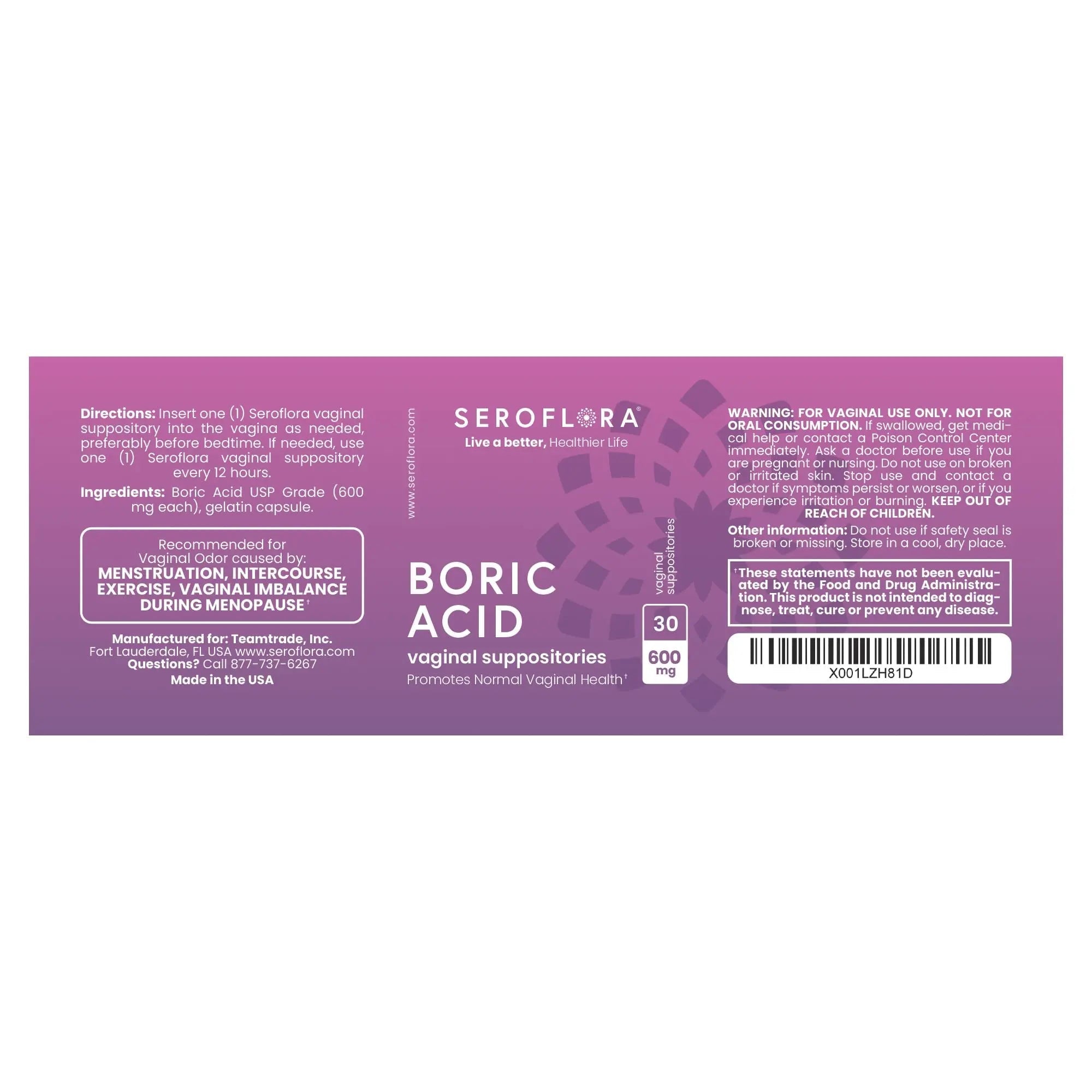 Seroflora Boric Acid 600mg Feminine Capsules, Feminine pH Support, Intimate Freshness for Women, Fast-Dissolving Capsules (60 Count) - TrustMedUSA