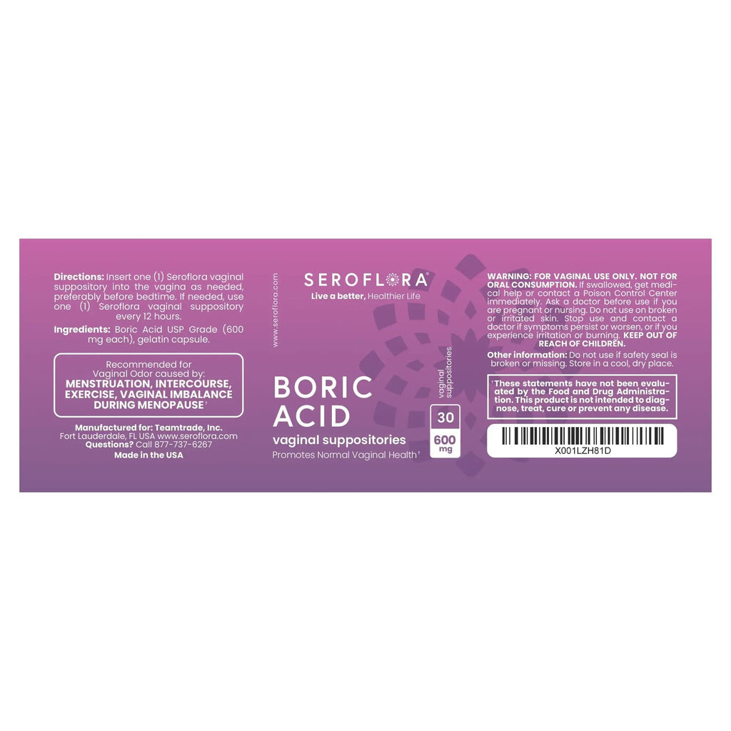 Seroflora Boric Acid Vaginal Suppositories for Women + 1 Suppository Applicator - Helps Support Vaginal Odor pH Balance, Yeast Infection and Bacterial Vaginosis - TrustMedUSA
