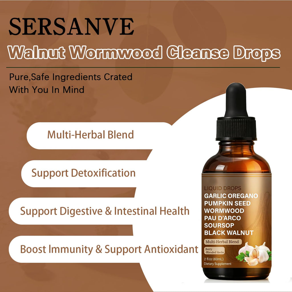 SERSANVE Natural Black Walnut Wormwood Gut Cleanse | Black Walnut Clove Drops with Pumpkin Seed, PAU D’Arco, Soursop, Garlic and Oregano | Vegan, Alcohol-Free Formula for Digestion Support, 2 fl oz - TrustMedUSA