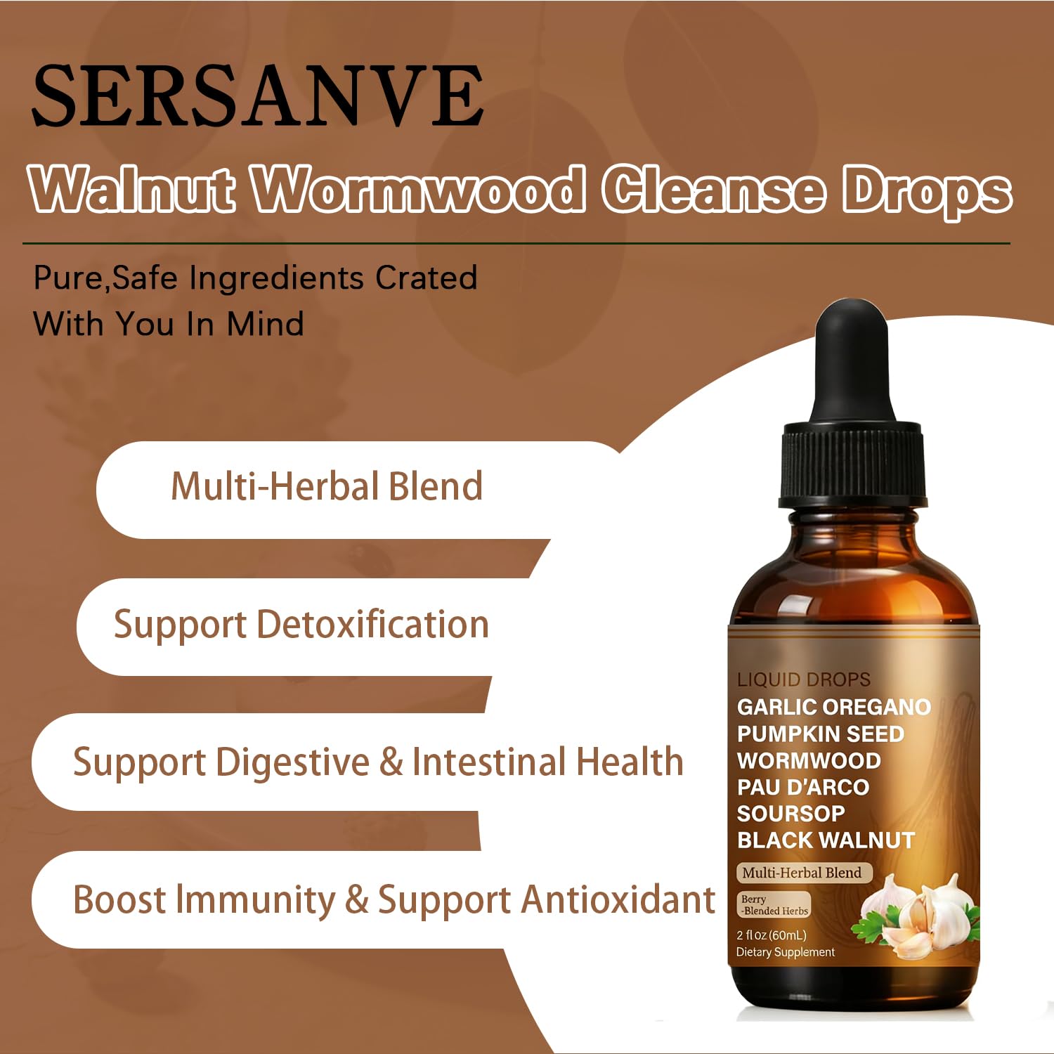SERSANVE Natural Black Walnut Wormwood Gut Cleanse | Black Walnut Clove Drops with Pumpkin Seed, PAU D’Arco, Soursop, Garlic and Oregano | Vegan, Alcohol-Free Formula for Digestion Support, 2 fl oz - TrustMedUSA