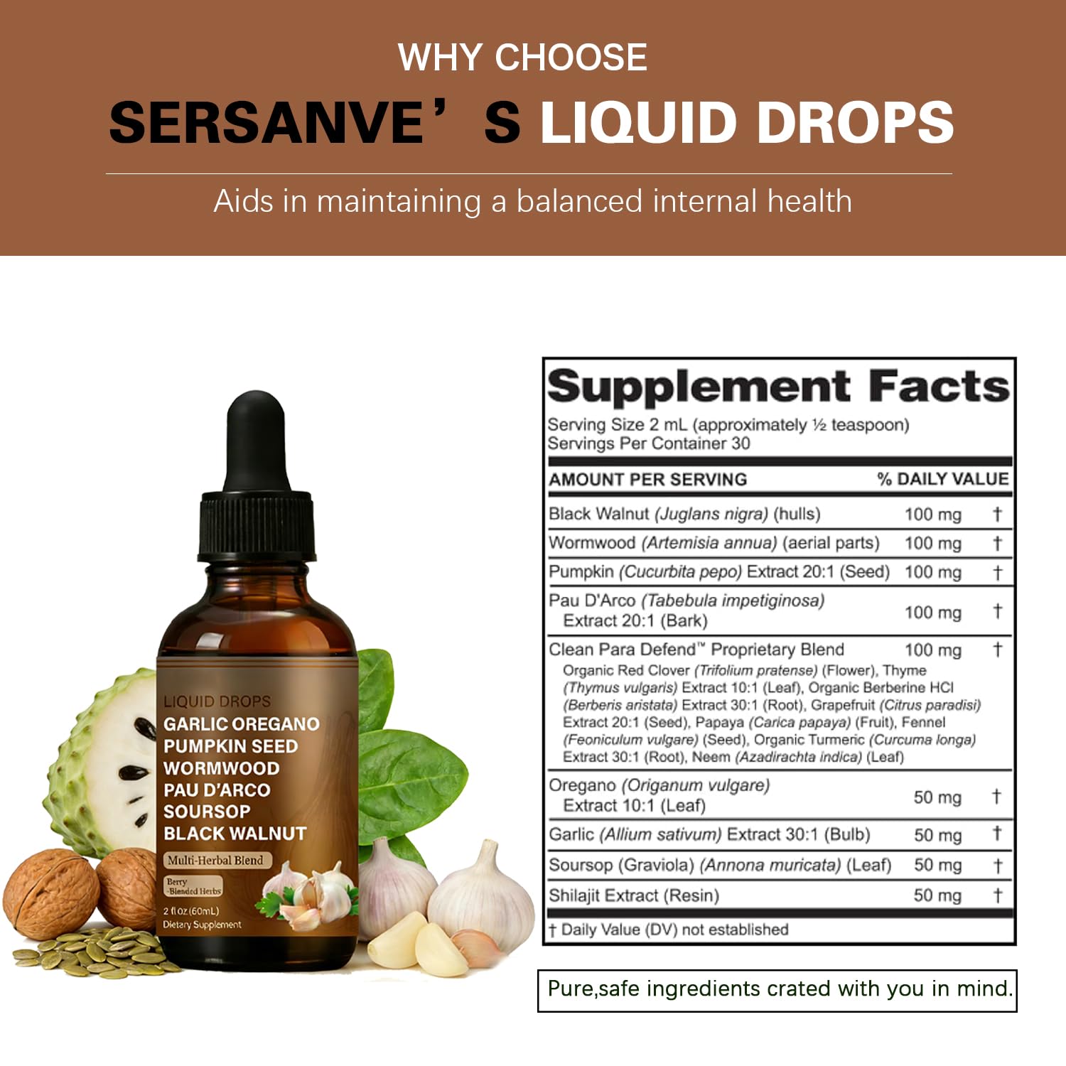 SERSANVE Natural Black Walnut Wormwood Gut Cleanse | Black Walnut Clove Drops with Pumpkin Seed, PAU D’Arco, Soursop, Garlic and Oregano | Vegan, Alcohol-Free Formula for Digestion Support, 2 fl oz - TrustMedUSA