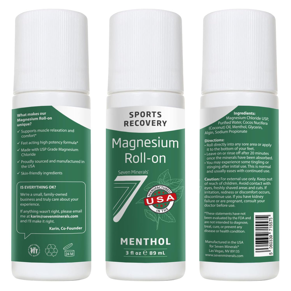 Seven Minerals Magnesium Roll On Stick with Menthol for Pain Relief - Cooling Magnesium Oil for Sports Recovery, Sore Muscles, Backache - Fast Acting - All Natural Alternative, 3 Fl Oz - TrustMedUSA