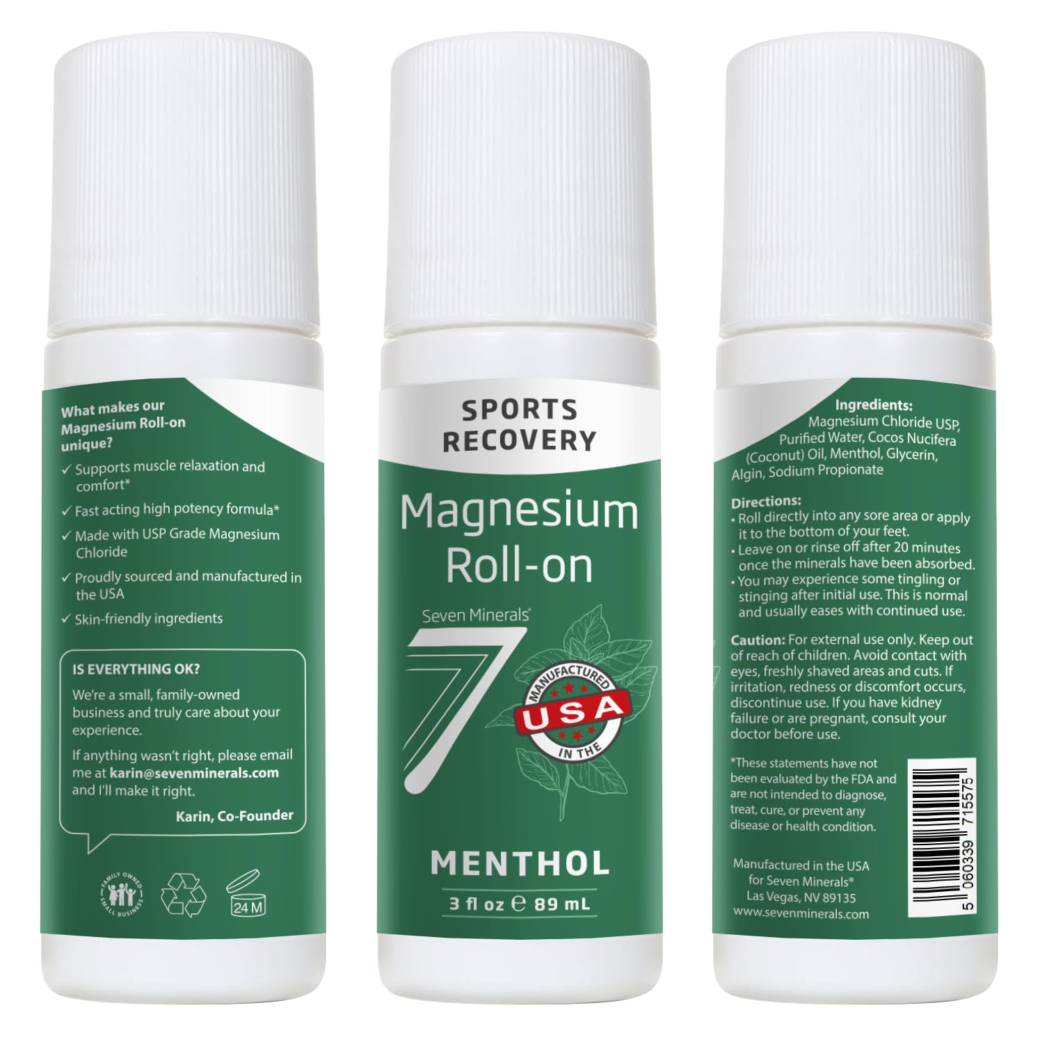 Seven Minerals Magnesium Roll On Stick with Menthol for Pain Relief - Cooling Magnesium Oil for Sports Recovery, Sore Muscles, Backache - Fast Acting - All Natural Alternative, 3 Fl Oz - TrustMedUSA